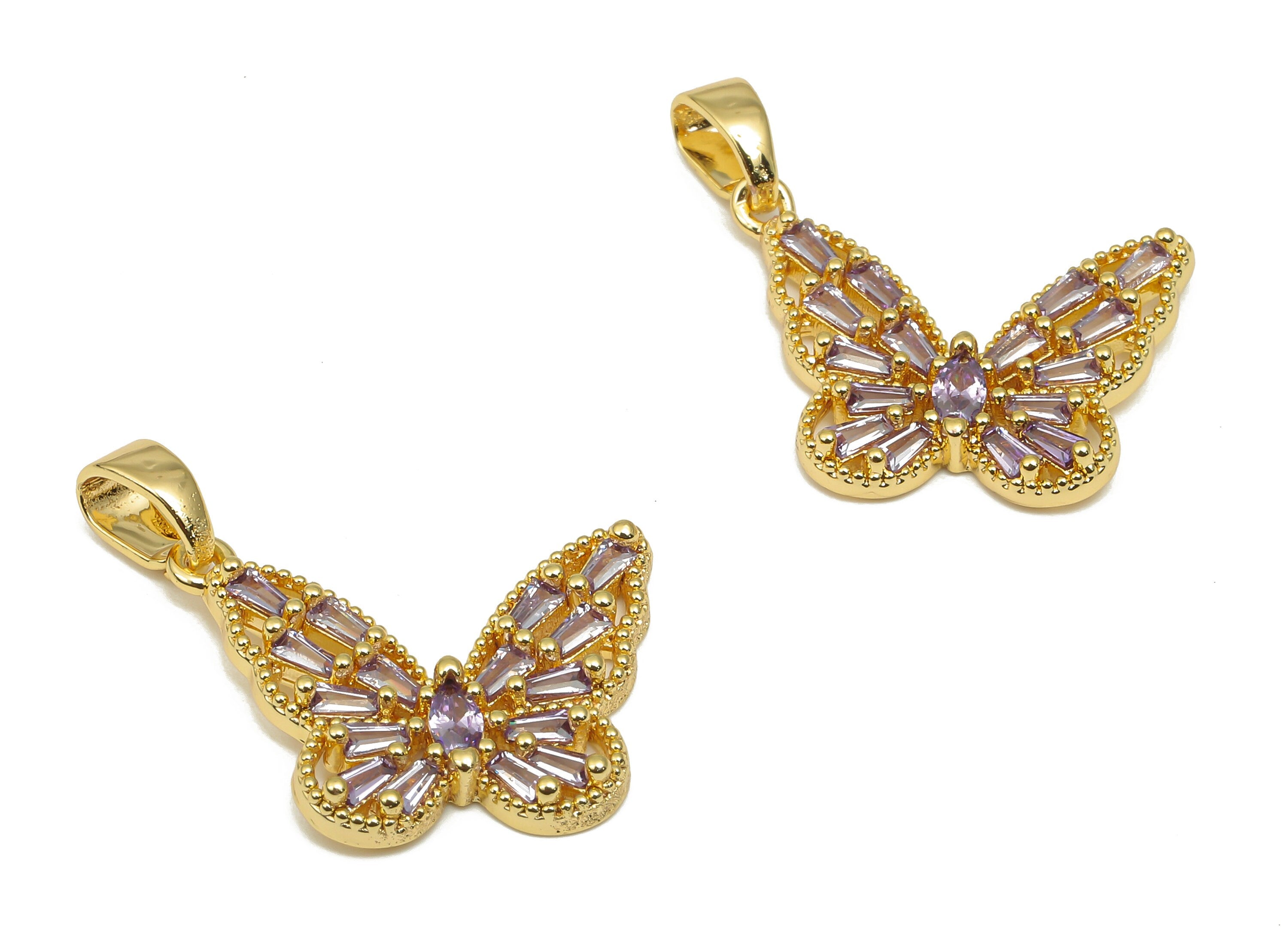 Brass Butterfly Pendants - CZ Paved Purple Zircon Pendant - 18K Real Gold Plated Brass Pendant - For Necklace - 34.48x17.75x2.06mm - RGP4636 - DOMEDBAZAAR