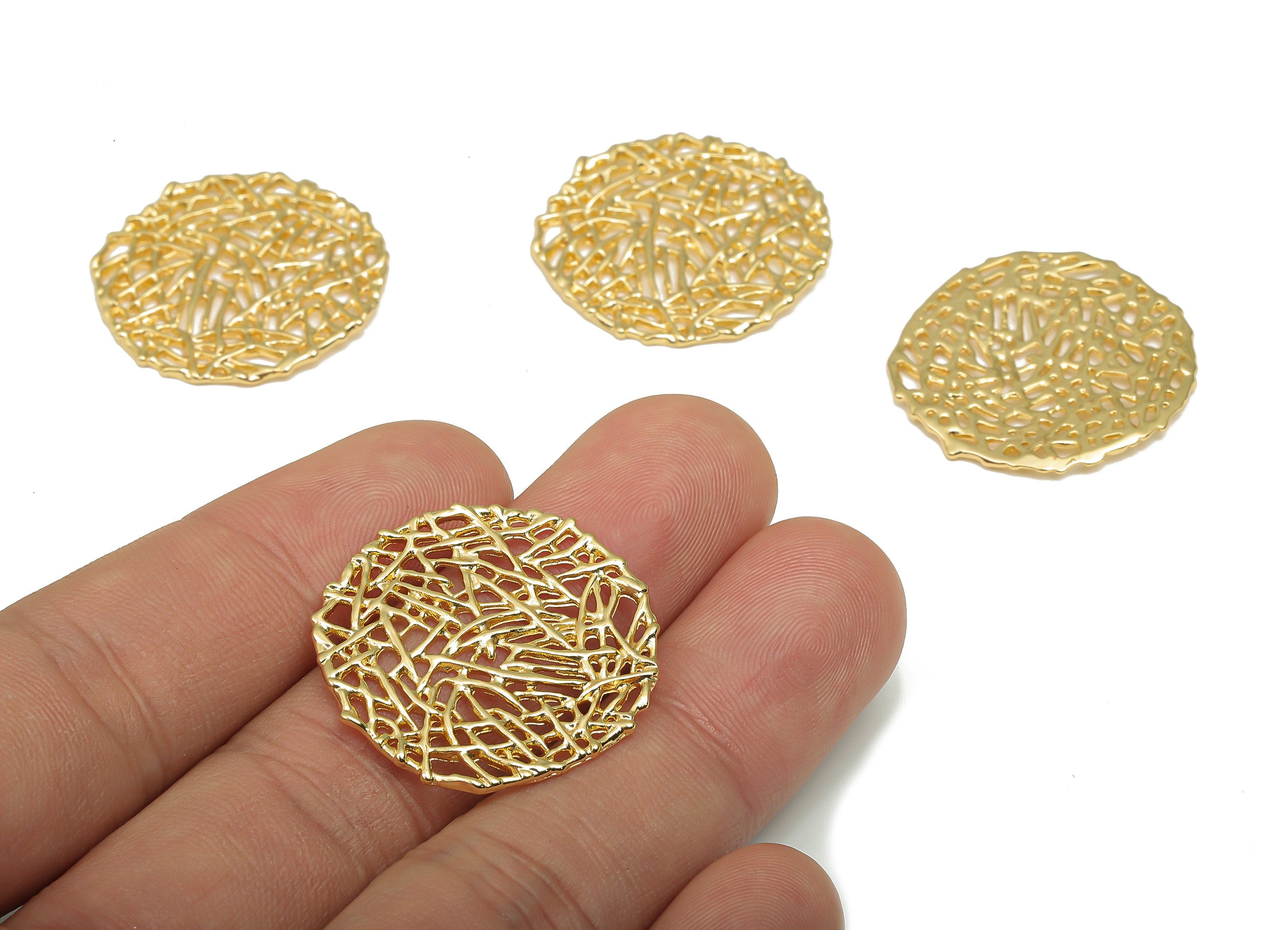 Brass Round Web Earrings Charm - Brass Circle Cobweb Mesh Wire Charms - 18K Real Gold Plated Brass - 28.19x28.19x1.39mm - RGP4639 - DOMEDBAZAAR
