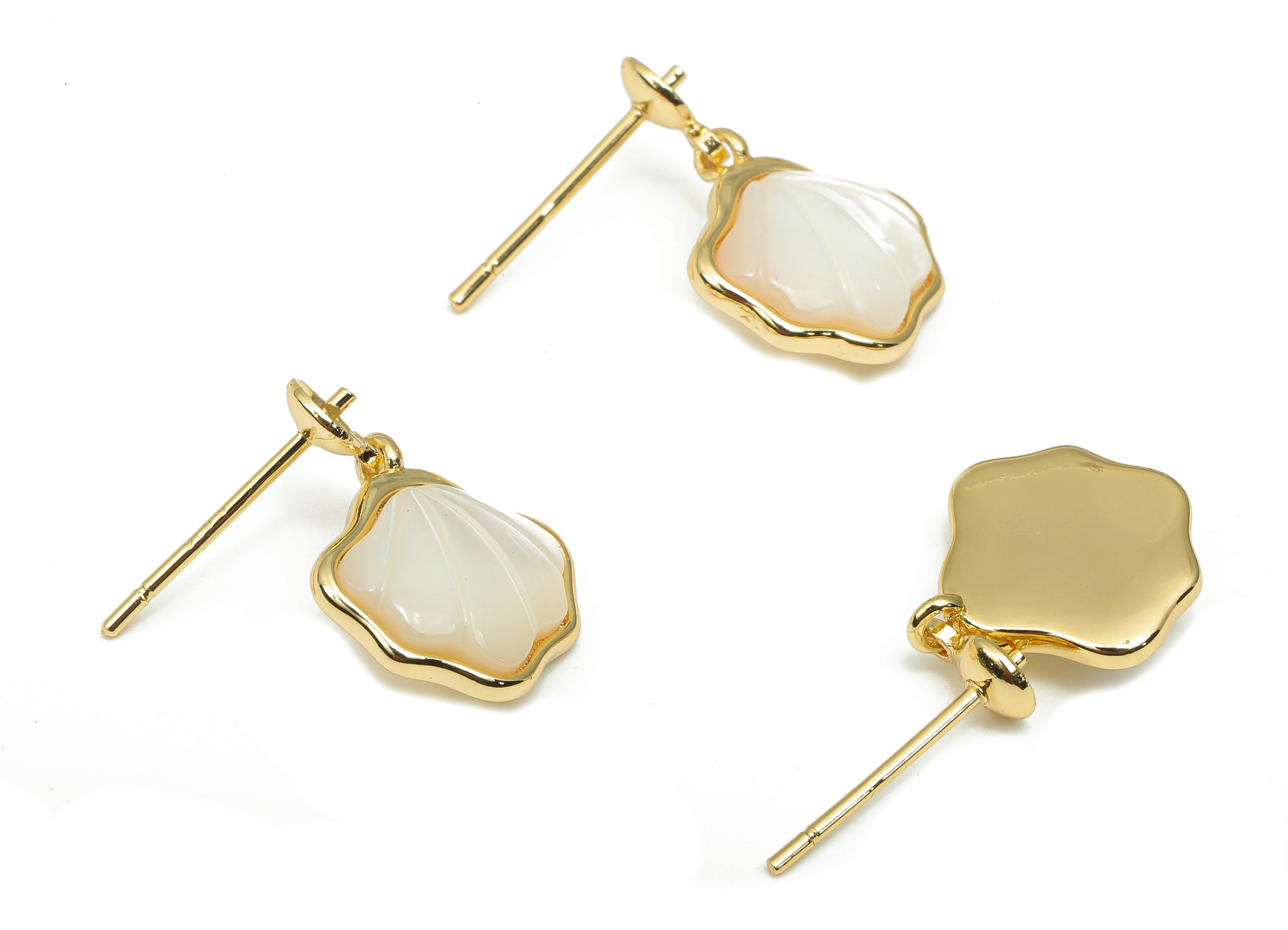 Brass Sea Shell Stud Earring - MOP Shell Earring Post - 18K Real Gold Plated Brass - Mother of Pearl - For Pearl - 18.4x12.5x3.6mm - RGP4648 - DOMEDBAZAAR
