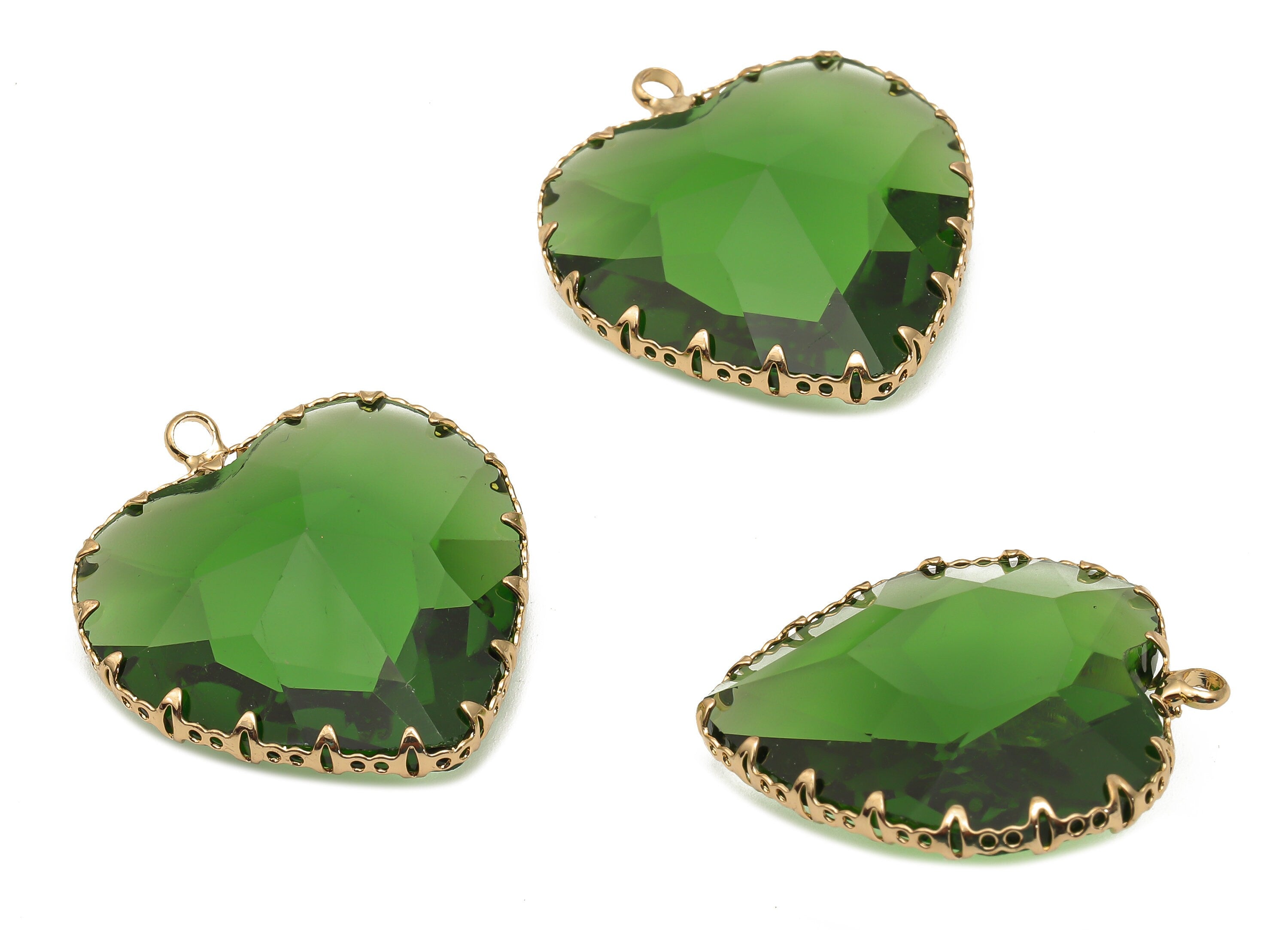 Faceted Glass Heart Charms - Green Glass Heart Charm With Loop - Gold Tone Plated Brass Pendant - Modern Jewelry -31.04x27.94x9.64mm-GS1149A - DOMEDBAZAAR