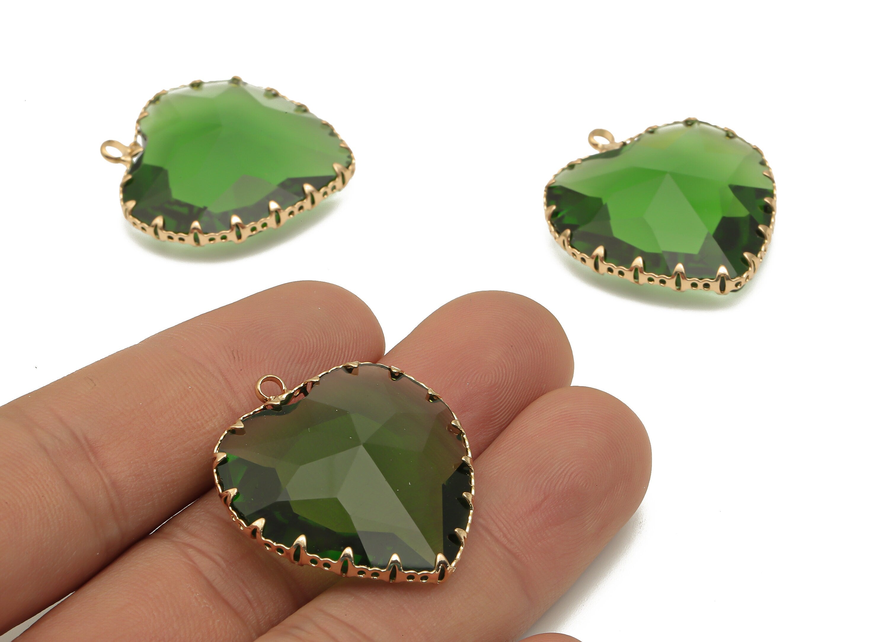 Faceted Glass Heart Charms - Green Glass Heart Charm With Loop - Gold Tone Plated Brass Pendant - Modern Jewelry -31.04x27.94x9.64mm-GS1149A - DOMEDBAZAAR