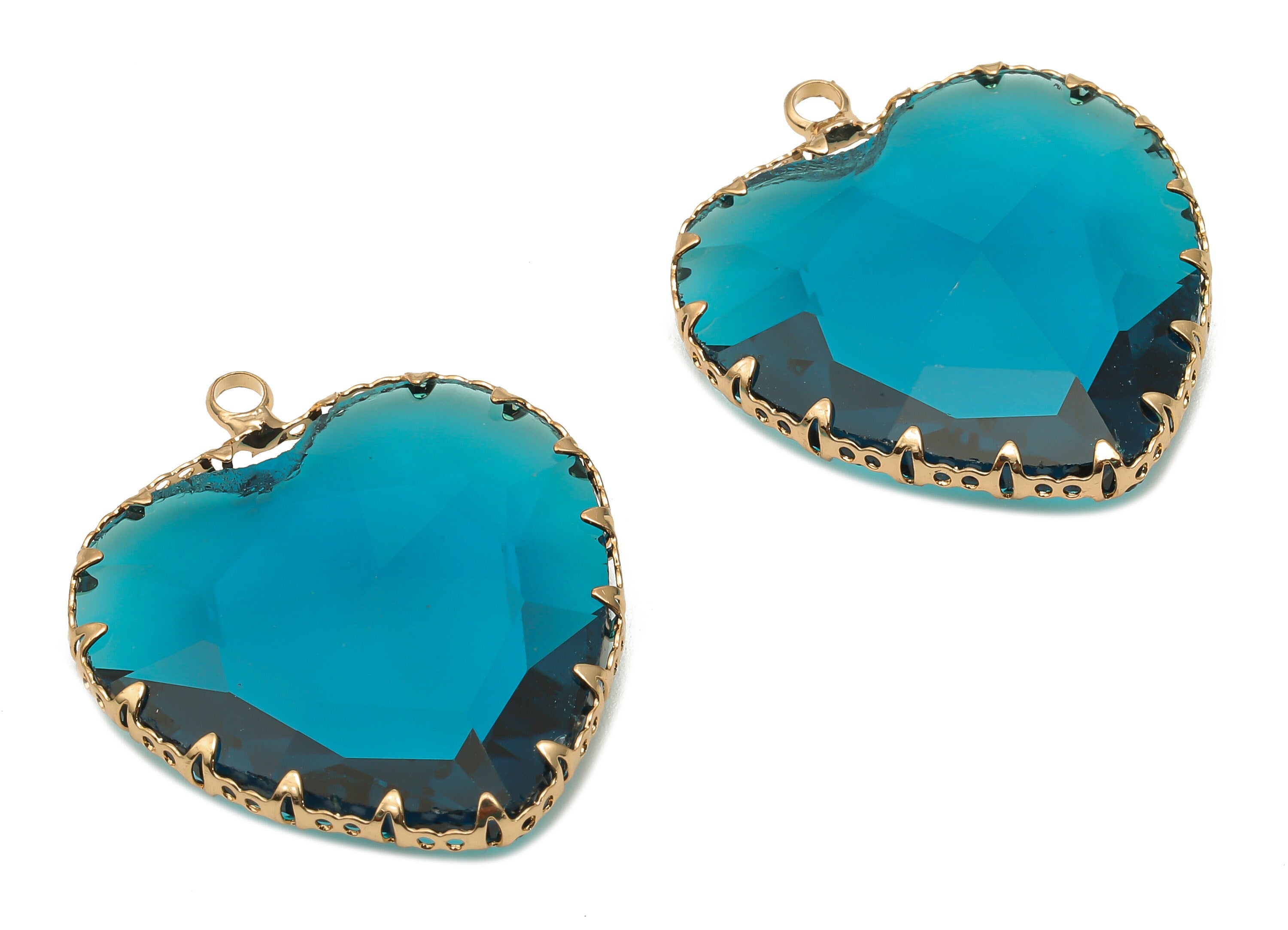 Faceted Glass Heart Charms - Blue Glass Heart Charm With Loop - Gold Tone Plated Brass Pendant- Modern Jewelry -31.04x27.94x9.64mm - GS1149B - DOMEDBAZAAR