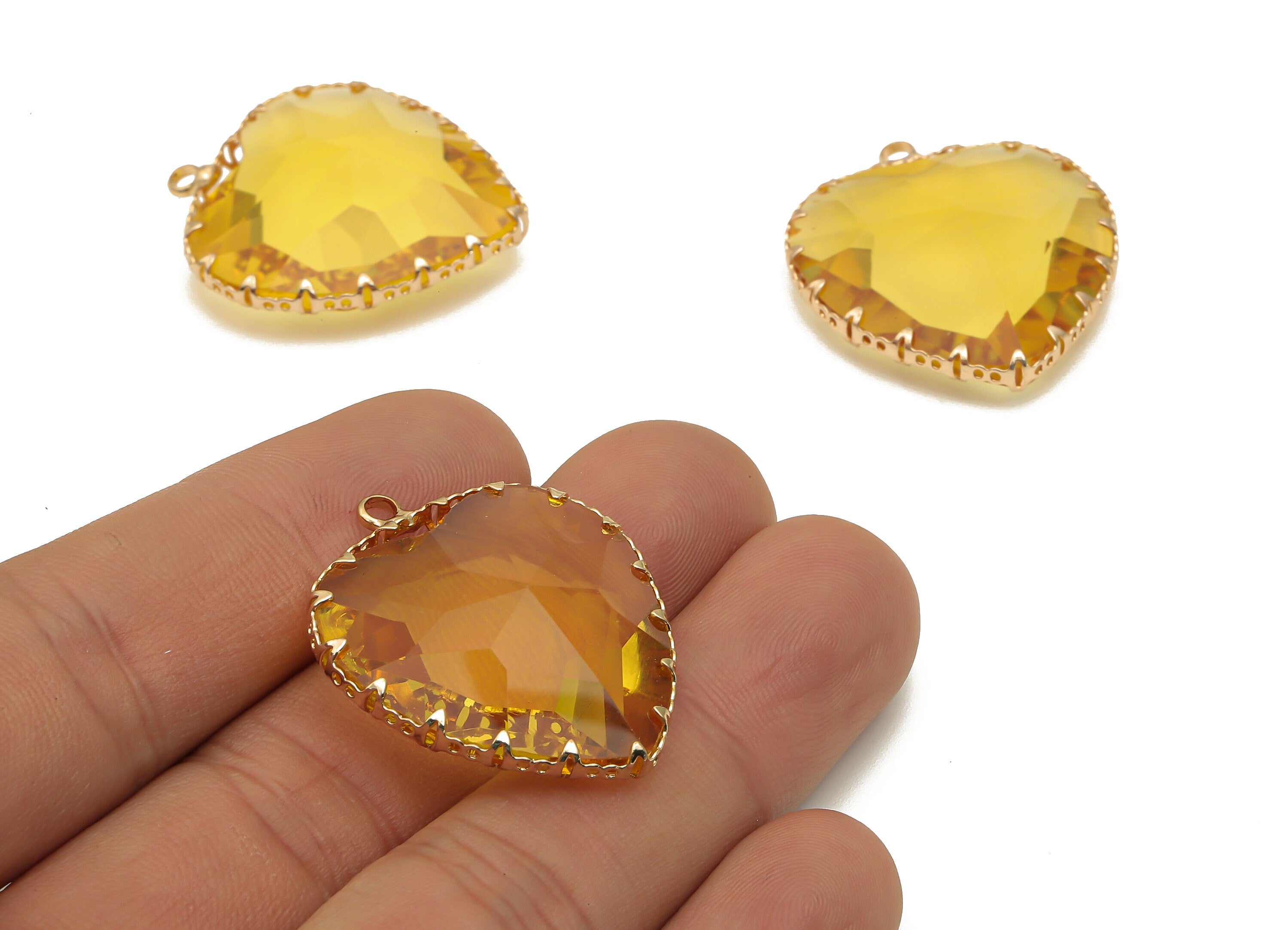 Faceted Glass Heart Charms - Yellow Glass Heart Earring Charm With Loop - Gold Tone Plated - Jewelry Making - 31.04x27.94x9.64mm - GS1149D - DOMEDBAZAAR