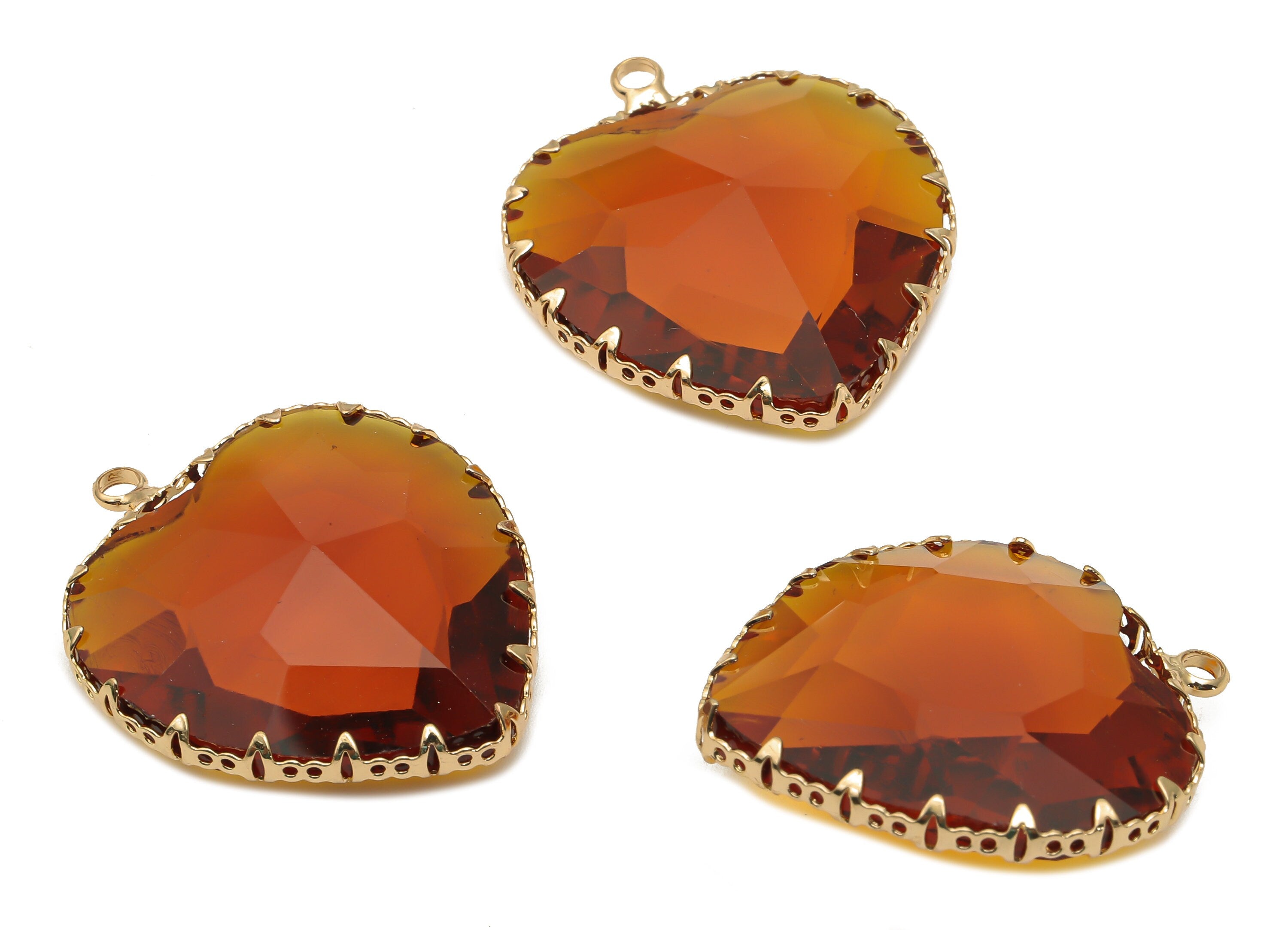Faceted Glass Heart Charms - Brown Glass Heart Charm With Loop - Gold Tone Plated Brass Pendant - Modern Jewelry -31.04x27.94x9.64mm-GS1149E - DOMEDBAZAAR