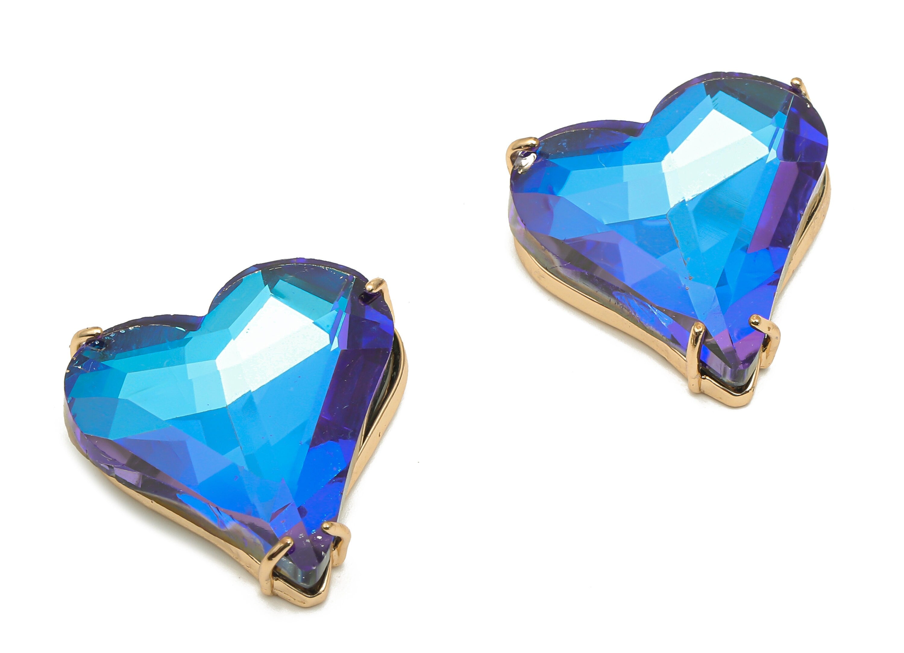 Faceted Glass Heart Earring Charm - Blue Glass Heart Pendant Charm - Gold Tone Plated Brass Framed - Modern Jewelry-26.15x25.8x7.1mm-GS1150A - DOMEDBAZAAR