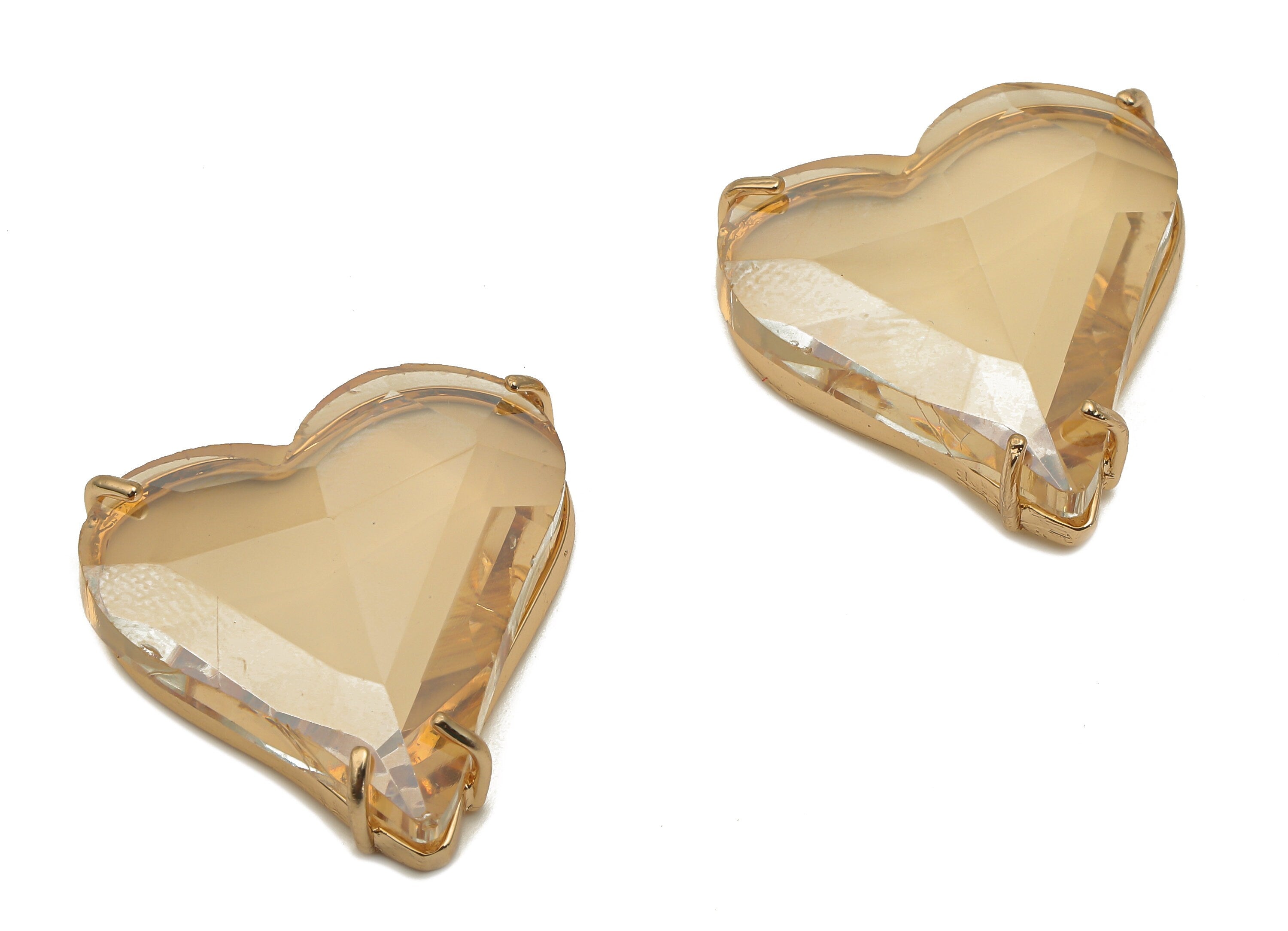 Faceted Glass Heart Earring Charm - Brass Glass Heart Pendant Charm - Gold Tone Plated Brass Framed- Modern Jewelry-26.15x25.8x7.1mm-GS1150C - DOMEDBAZAAR