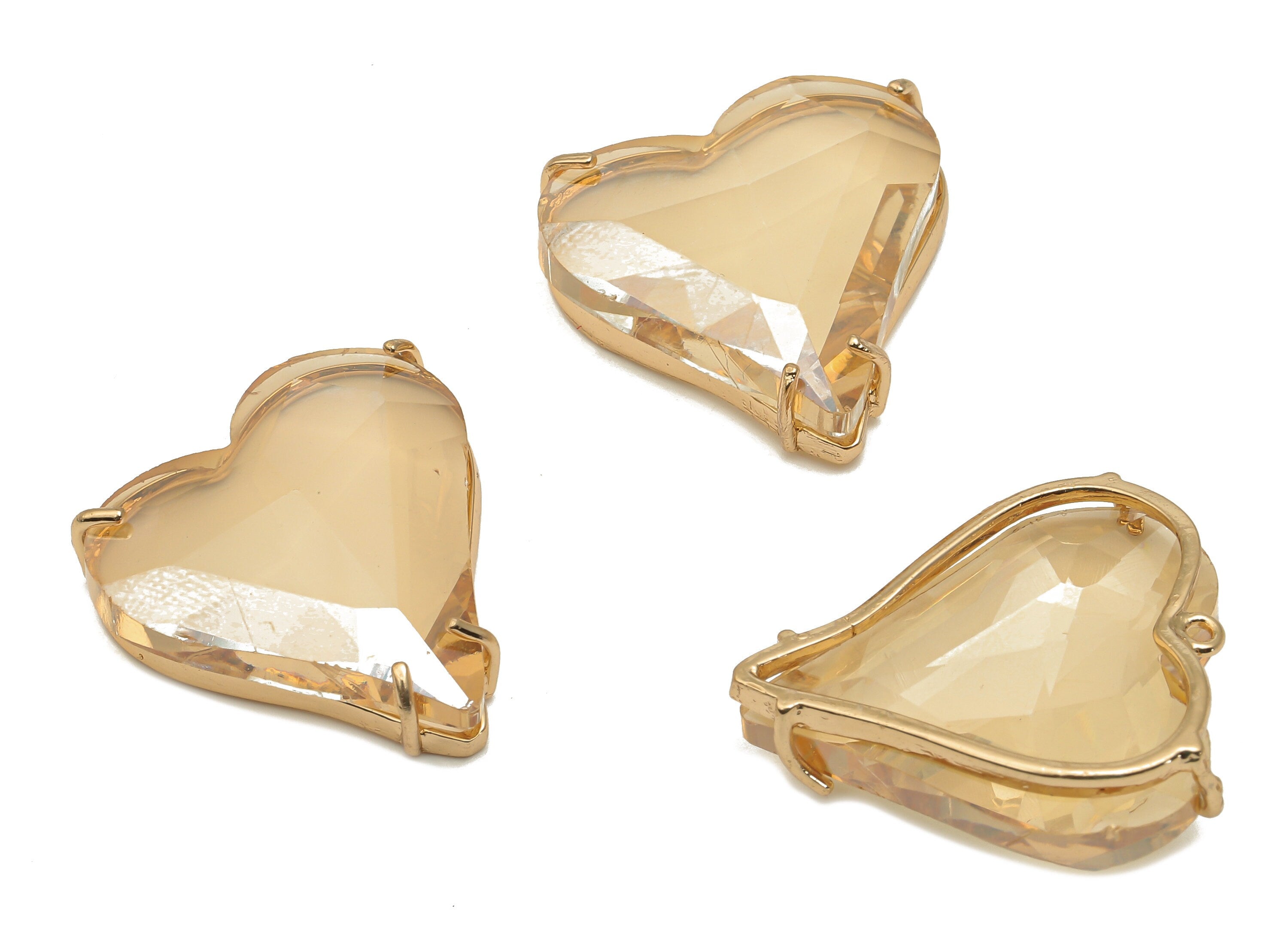 Faceted Glass Heart Earring Charm - Brass Glass Heart Pendant Charm - Gold Tone Plated Brass Framed- Modern Jewelry-26.15x25.8x7.1mm-GS1150C - DOMEDBAZAAR