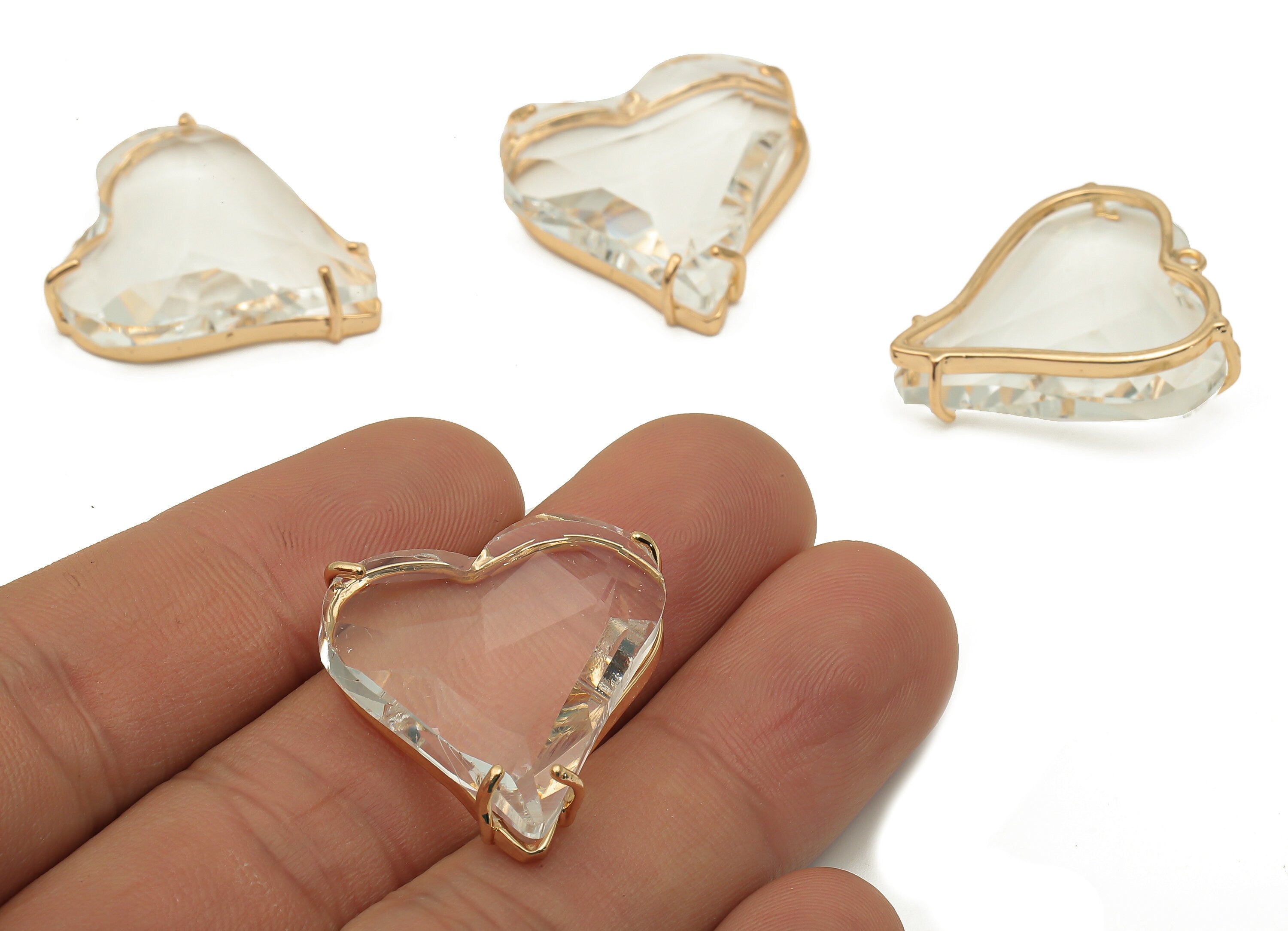 Faceted Glass Heart Earring Charm - Clear Glass Heart Pendant Charm - Gold Tone Plated Brass Framed -Modern Jewelry-26.15x25.8x7.1mm-GS1150D - DOMEDBAZAAR