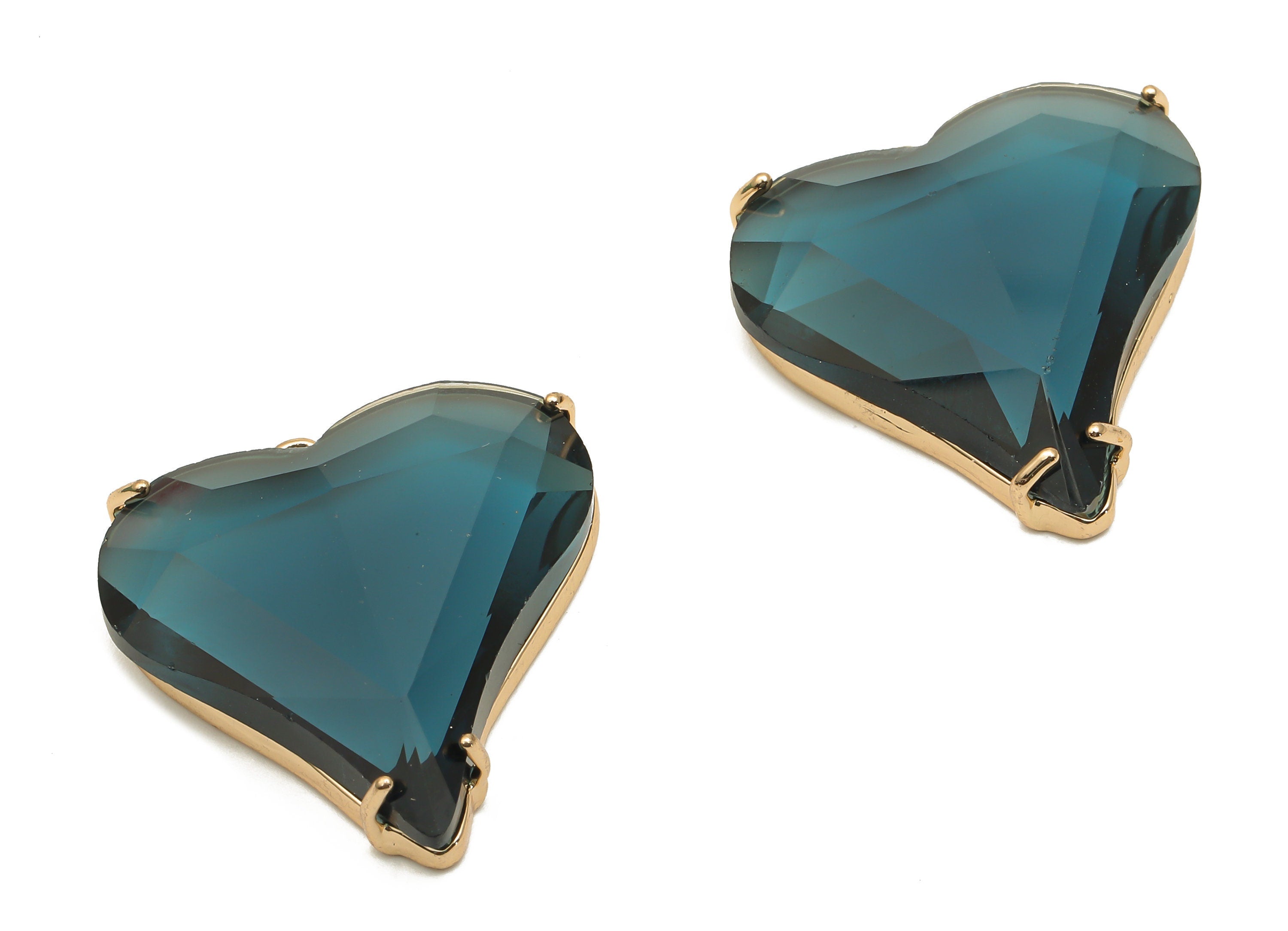 Faceted Glass Heart Earring Charm - Blue Glass Heart Pendant Charm - Gold Tone Plated Brass Framed- Modern Jewelry-26.15x25.8x7.1mm- GS1150E - DOMEDBAZAAR