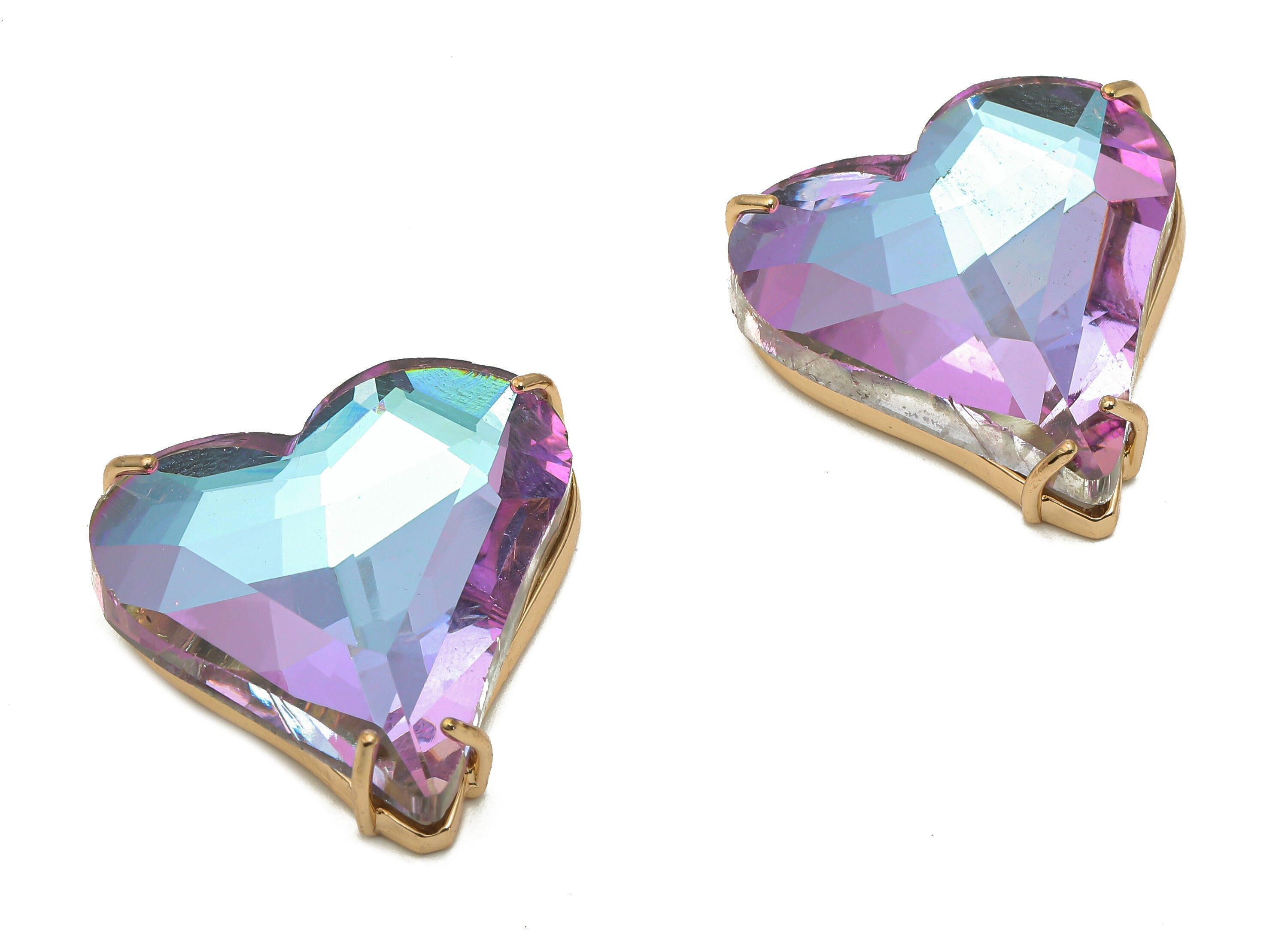 Faceted Glass Rainbow Heart Earring Charm - Purple Blue Sparkle Pendant - Gold Tone Plated Brass Framed Charm - 26.15x25.8x7.1mm - GS1150F - DOMEDBAZAAR