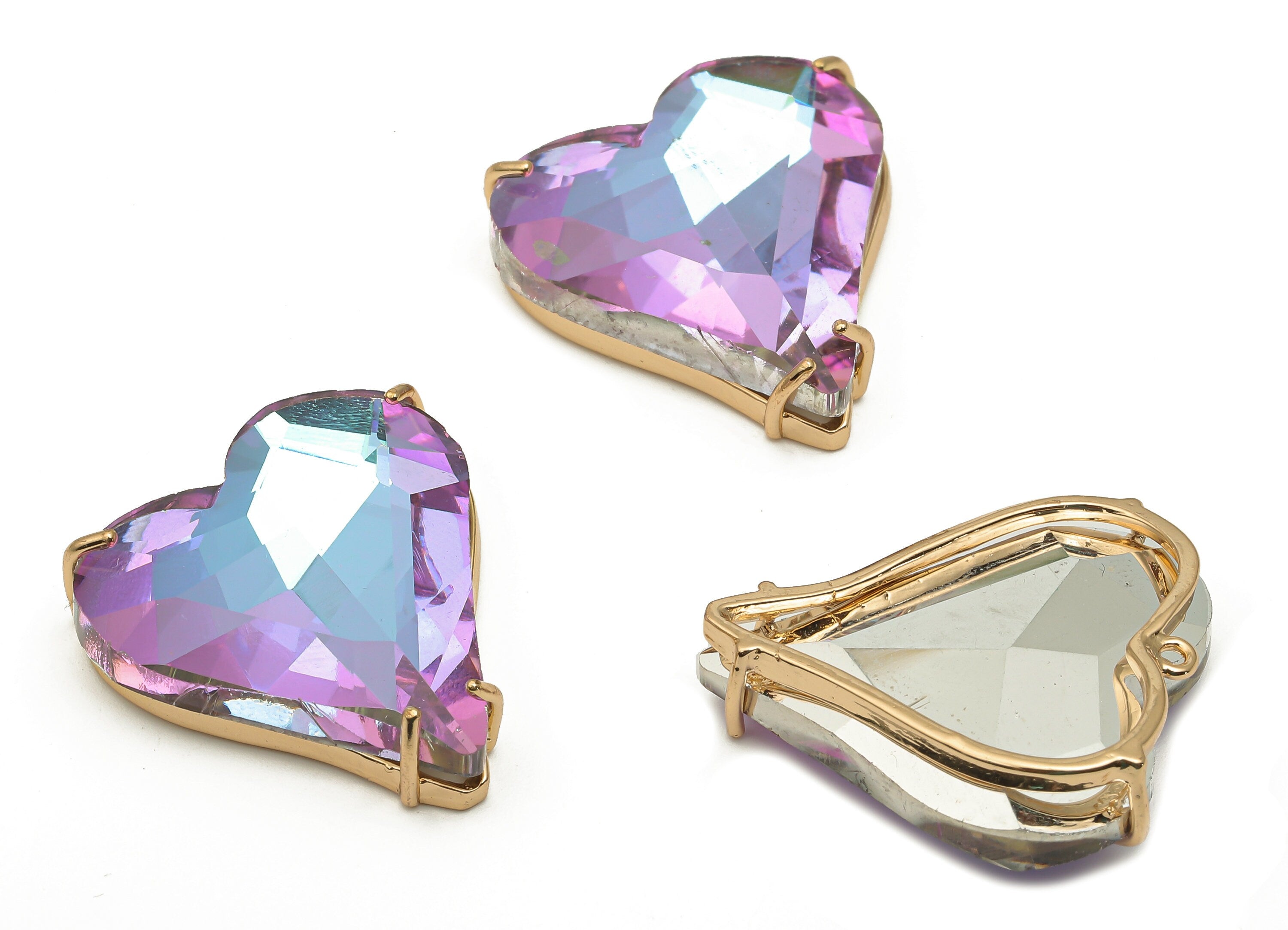 Faceted Glass Rainbow Heart Earring Charm - Purple Blue Sparkle Pendant - Gold Tone Plated Brass Framed Charm - 26.15x25.8x7.1mm - GS1150F - DOMEDBAZAAR