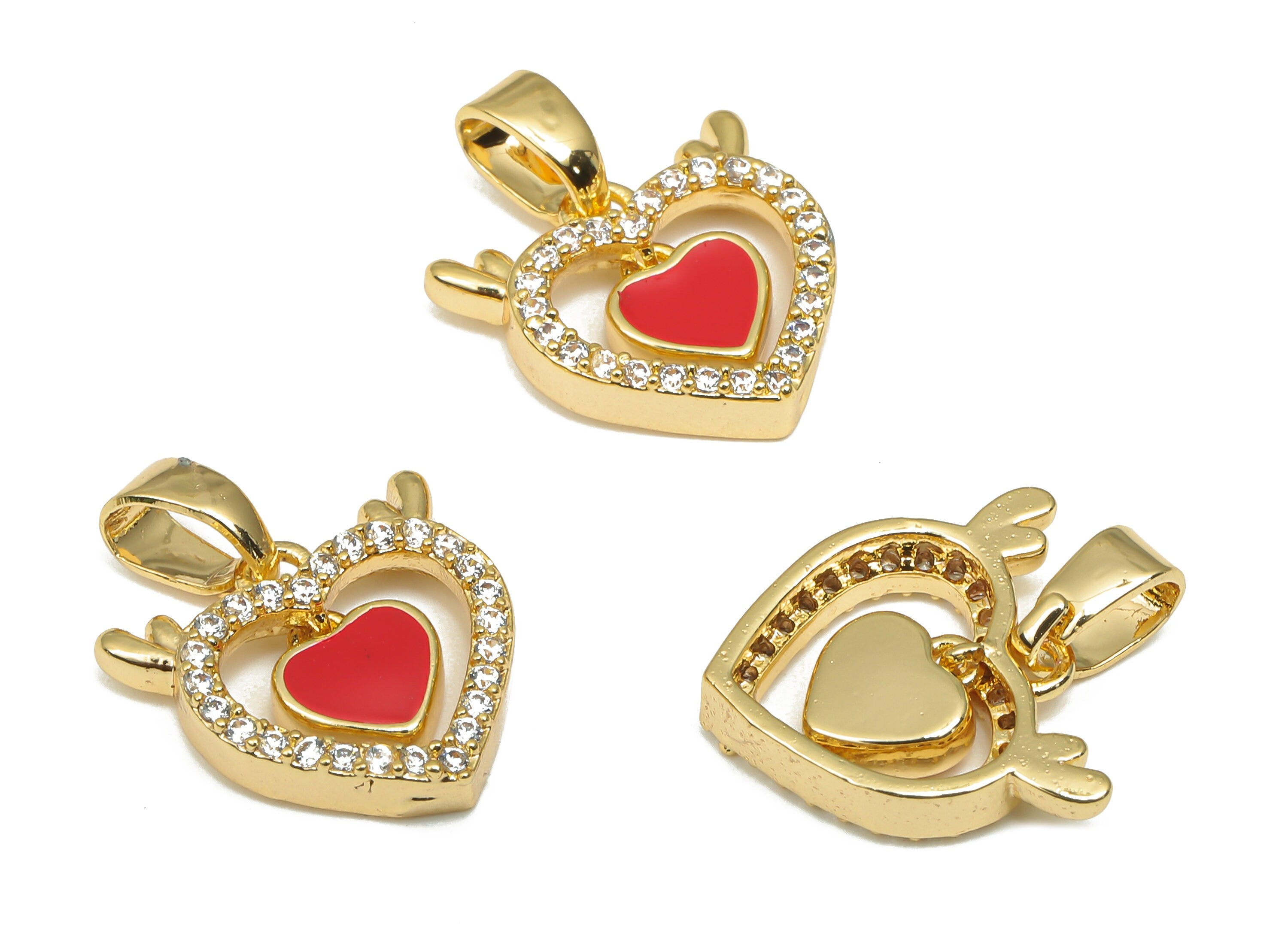 Brass Heart Pendant - CZ Paved Red Enamel Heart Wing Pendant With Zircon - 18K Real Gold Plating - For Necklace - 16.1x12.4x2.9mm - RGP4657 - DOMEDBAZAAR