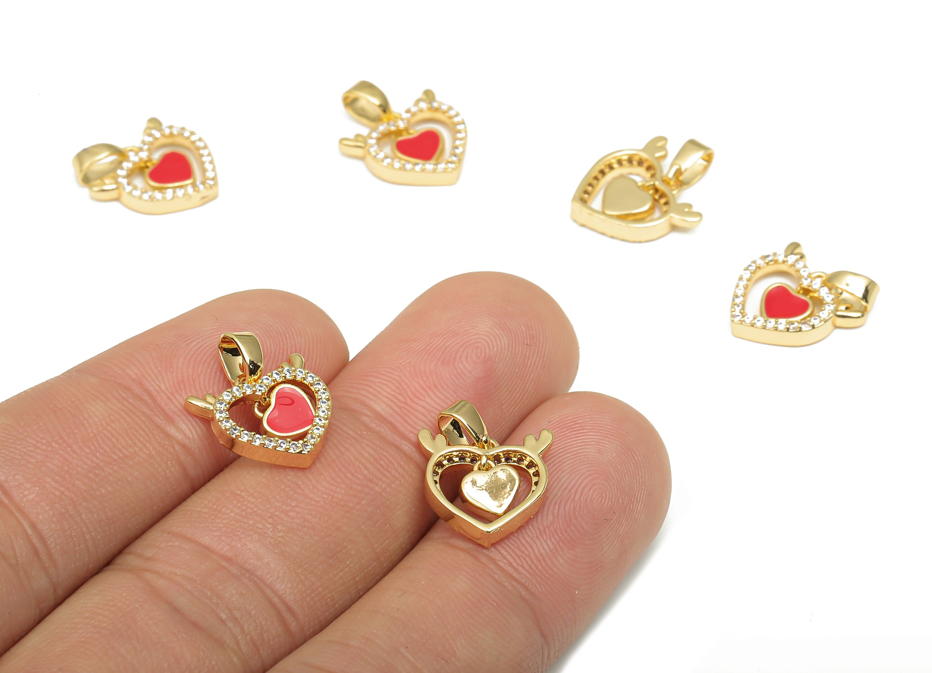 Brass Heart Pendant - CZ Paved Red Enamel Heart Wing Pendant With Zircon - 18K Real Gold Plating - For Necklace - 16.1x12.4x2.9mm - RGP4657 - DOMEDBAZAAR