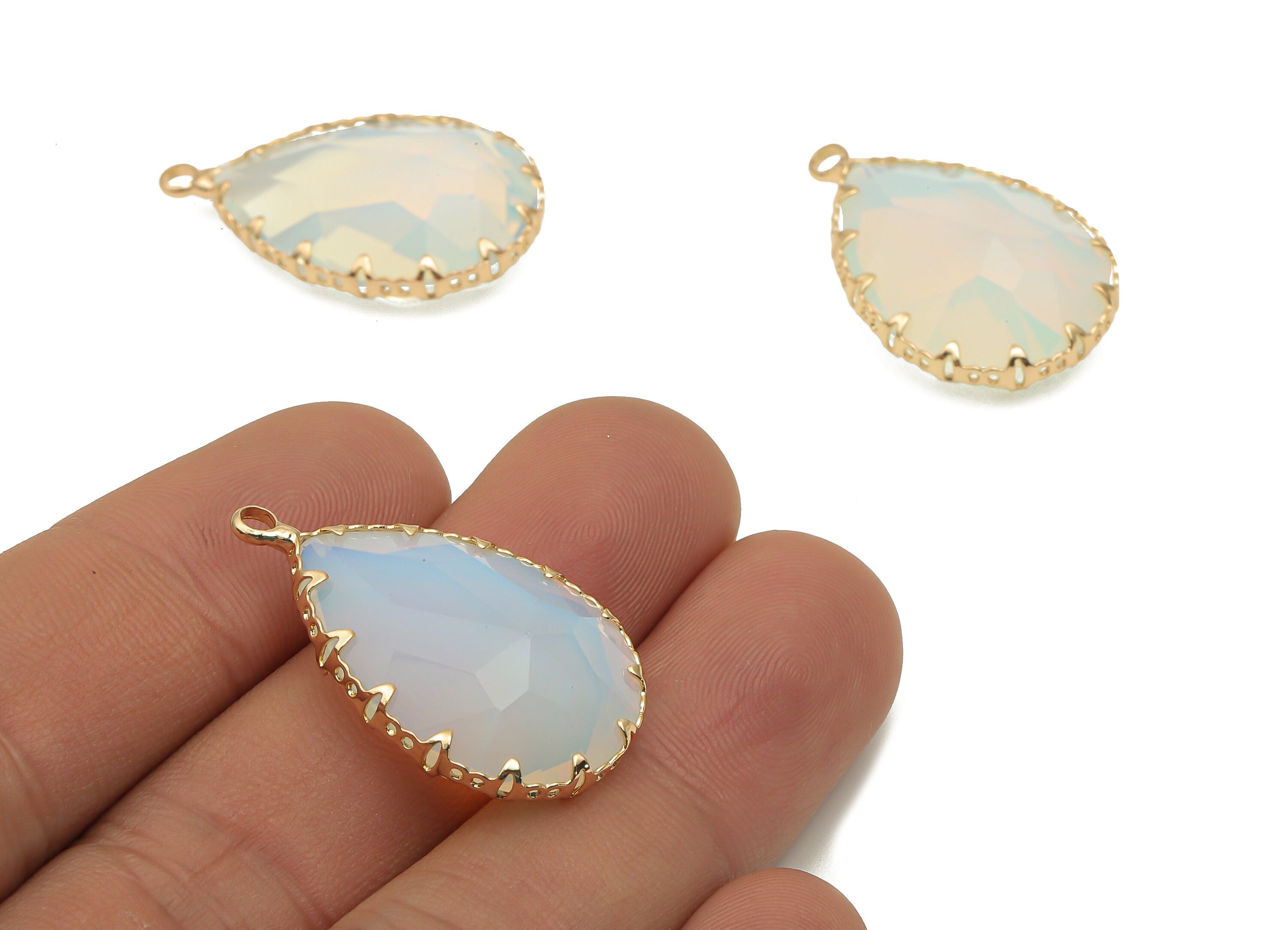 Pearl White Teardrop Glass Earring Charms - White Crystal Drop Pendant Charm - Gold Plated Charms - Modern Jewelry-30.6x18.8x9.32mm- GS1151A - DOMEDBAZAAR