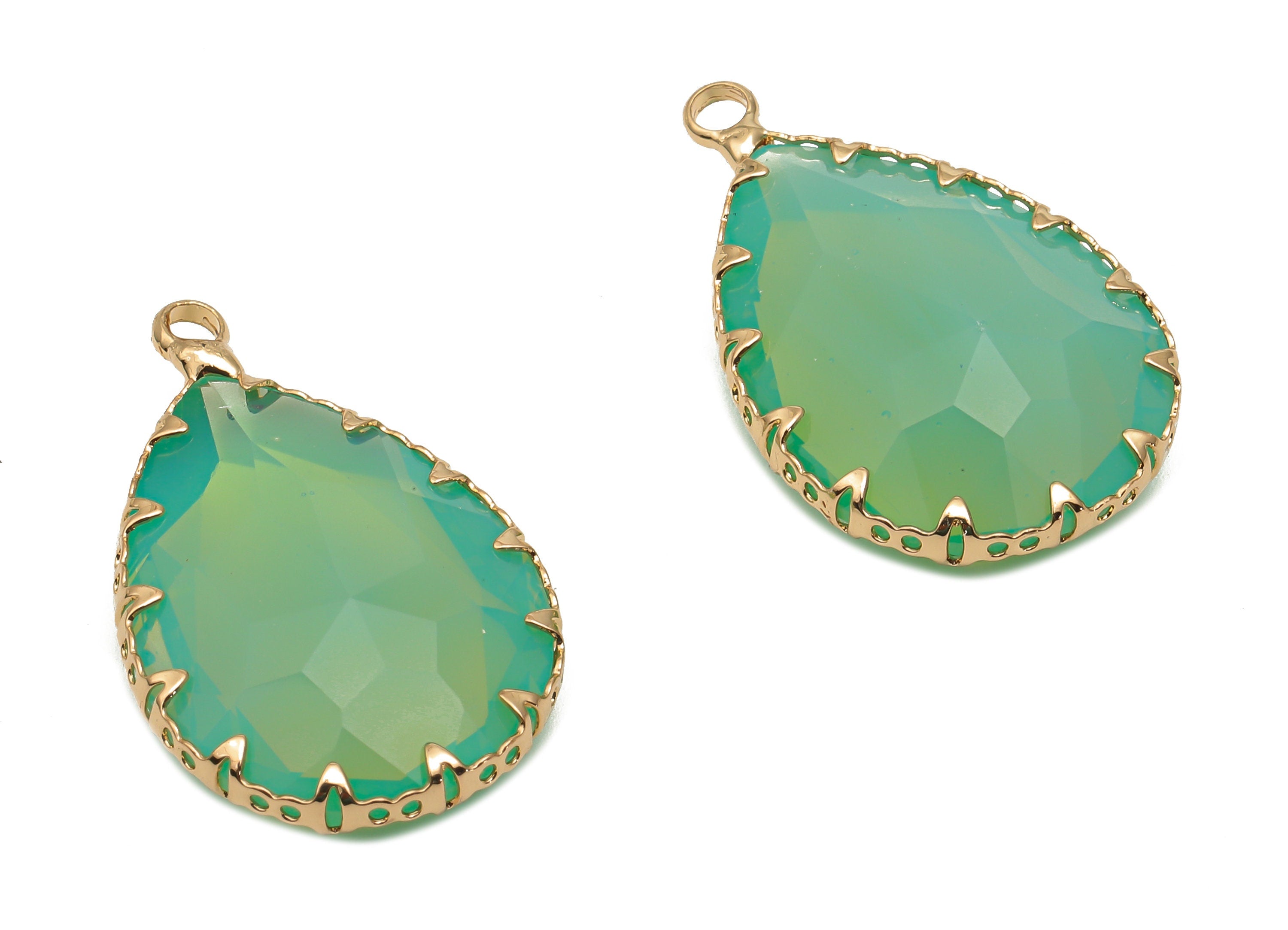 Green Faceted Crystal Glass Teardrop Earring Charms - Diamond Drop Cut Pendant with Gold Plated Brass Frame -30.6x18.8x9.32mm - GS1151B - DOMEDBAZAAR
