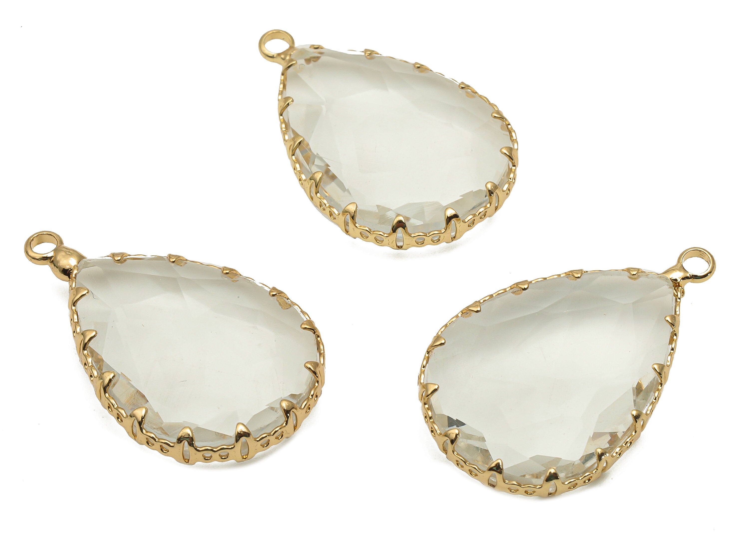 Faceted Teardrop Clear Crystal Pendants Charm - Drop Glass Earring Charms - Gold Tone Plated Brass - Modern Jewelry-30.6x18.8x9.32mm-GS1151C - DOMEDBAZAAR