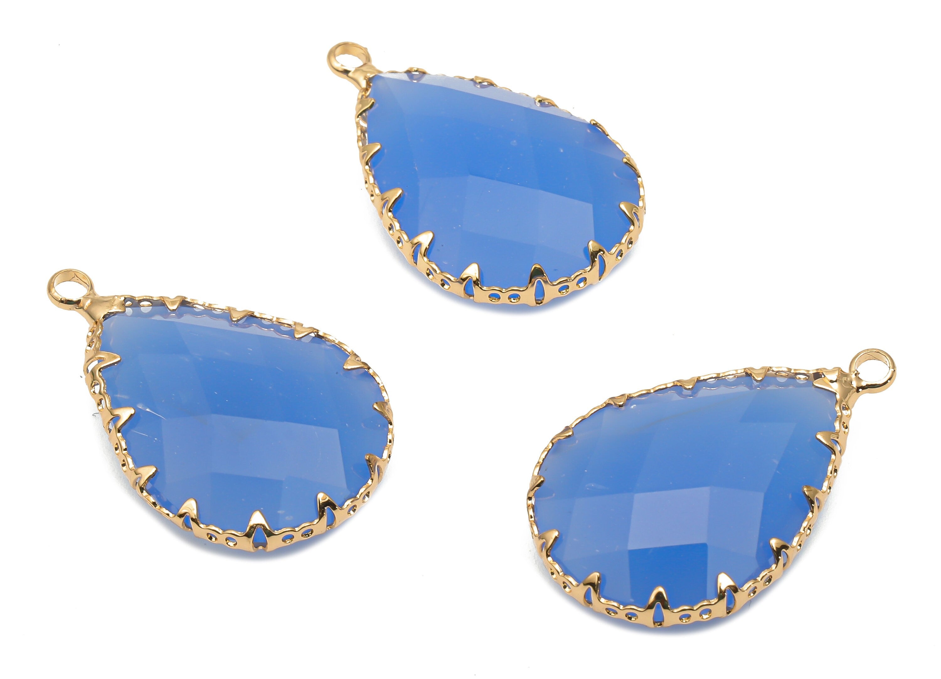 Blue Faceted Glass Teardrop Earring Charms - Blue Diamond Cut Pendant - Gold Plated Filigree Frame -30.6x18.8x9.32mm - GS1151D - DOMEDBAZAAR