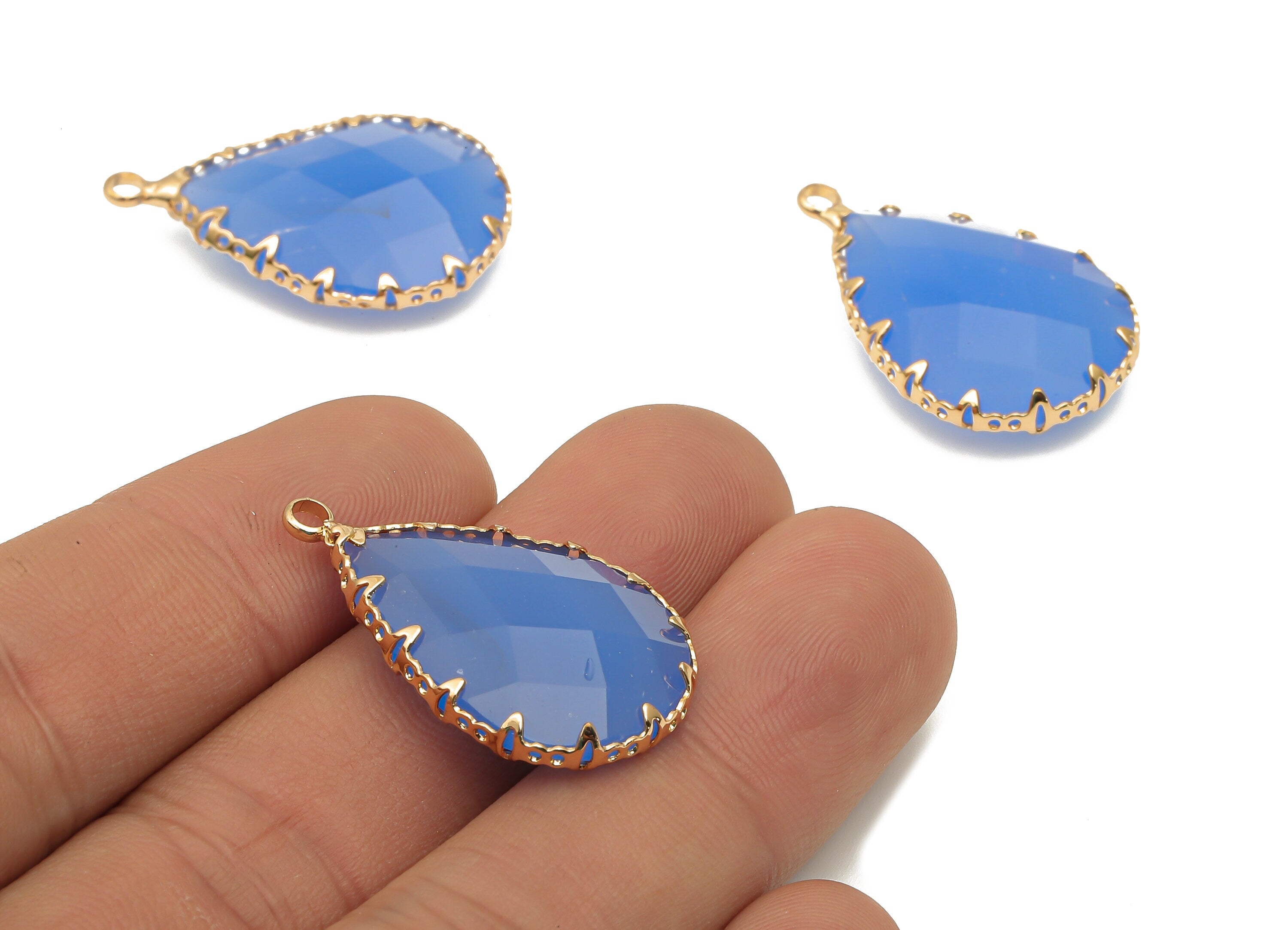 Blue Faceted Glass Teardrop Earring Charms - Blue Diamond Cut Pendant - Gold Plated Filigree Frame -30.6x18.8x9.32mm - GS1151D - DOMEDBAZAAR