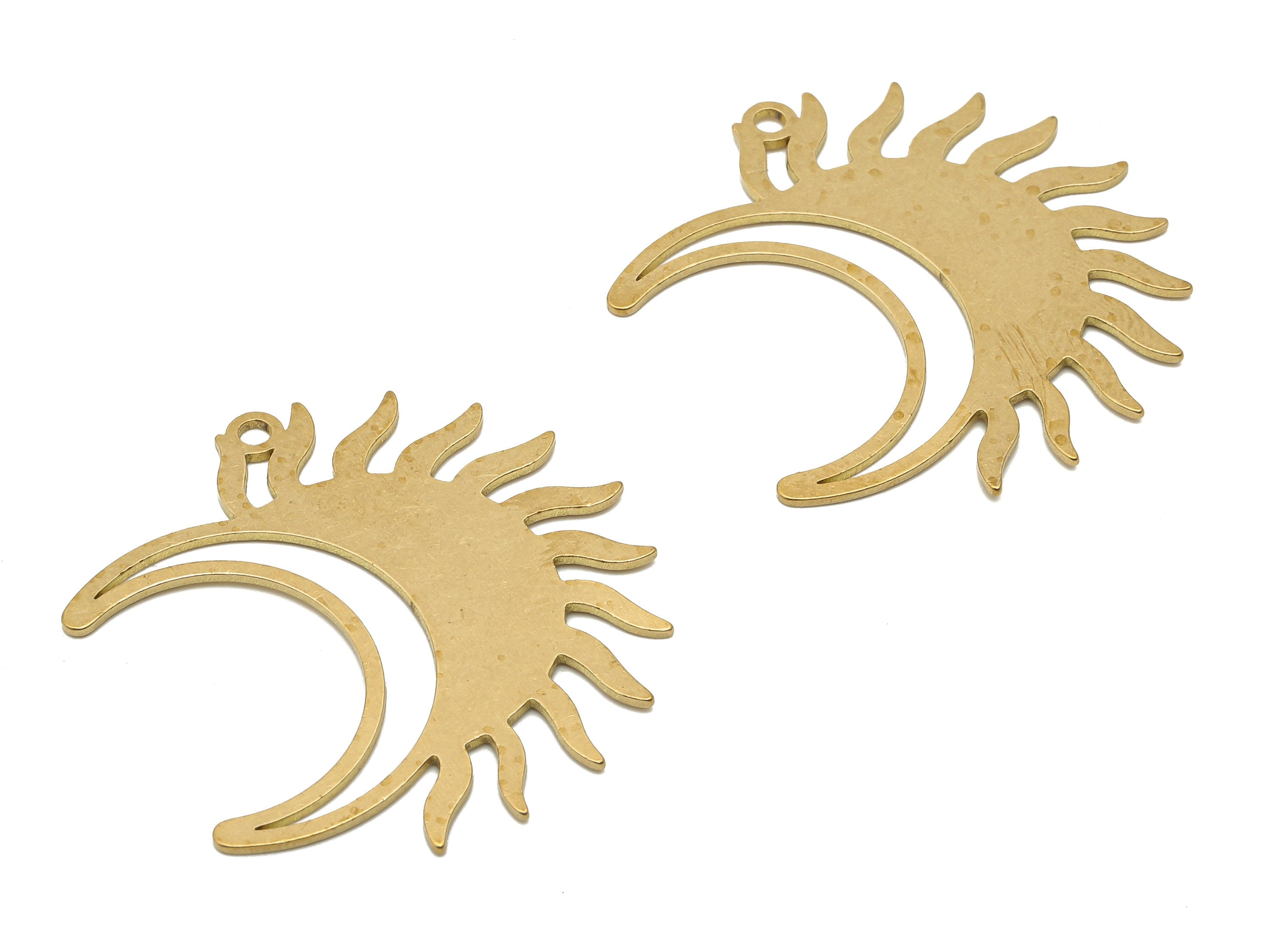 Raw Brass Sun Crescent Moon Earring Charms - Brass Sun and Moon Cutout Charms - Laser Cut Celestial Pendant -38.03x35.96x0.7mm - PPA4012 - DOMEDBAZAAR
