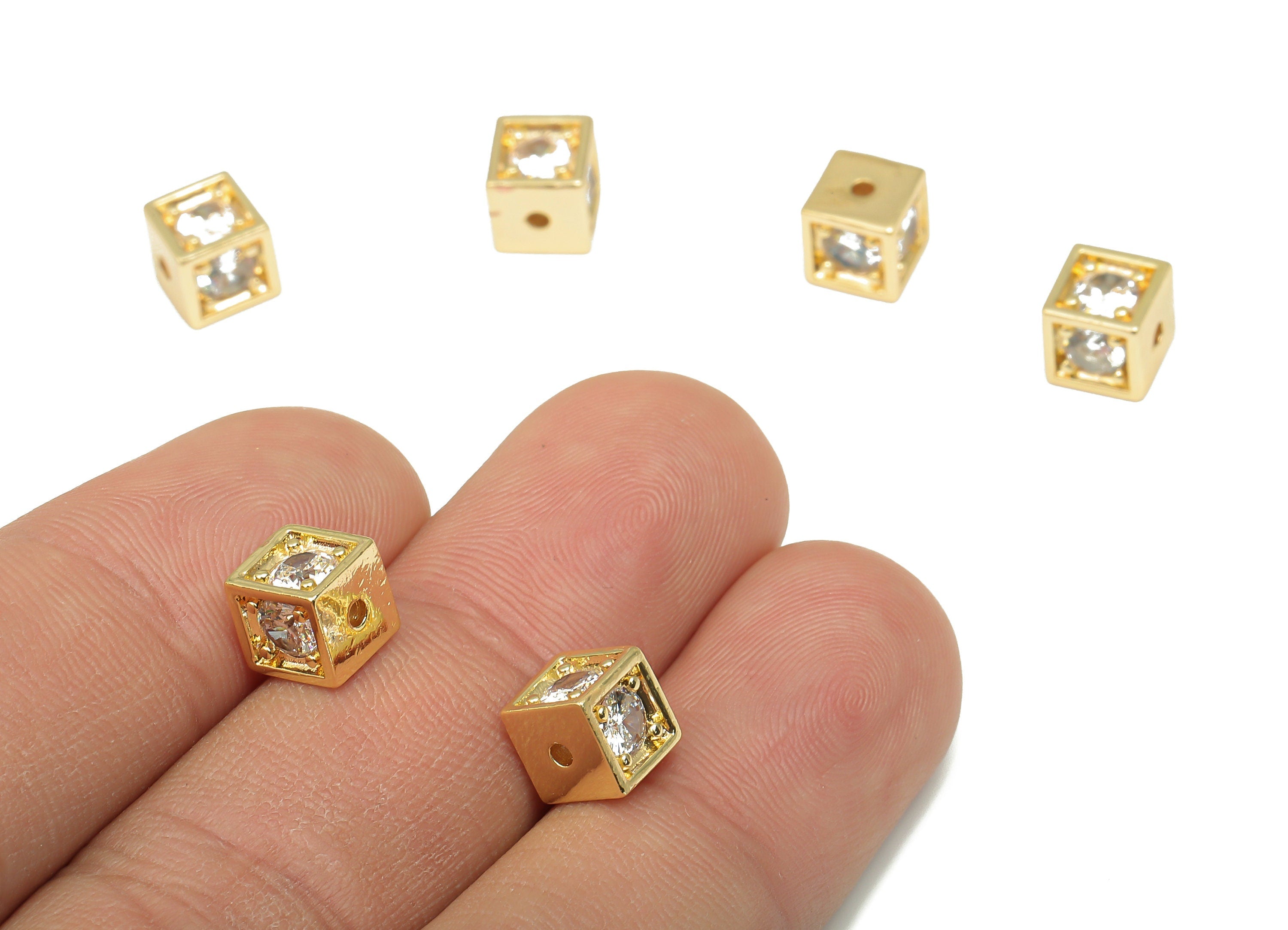 Brass Square Charm - CZ Paved Spacer Beads with Zircon - 18K Real Gold Plated Brass - For Bracelet - Cube Beads - 6.35x6.35x6.35mm - RGP4658 - DOMEDBAZAAR