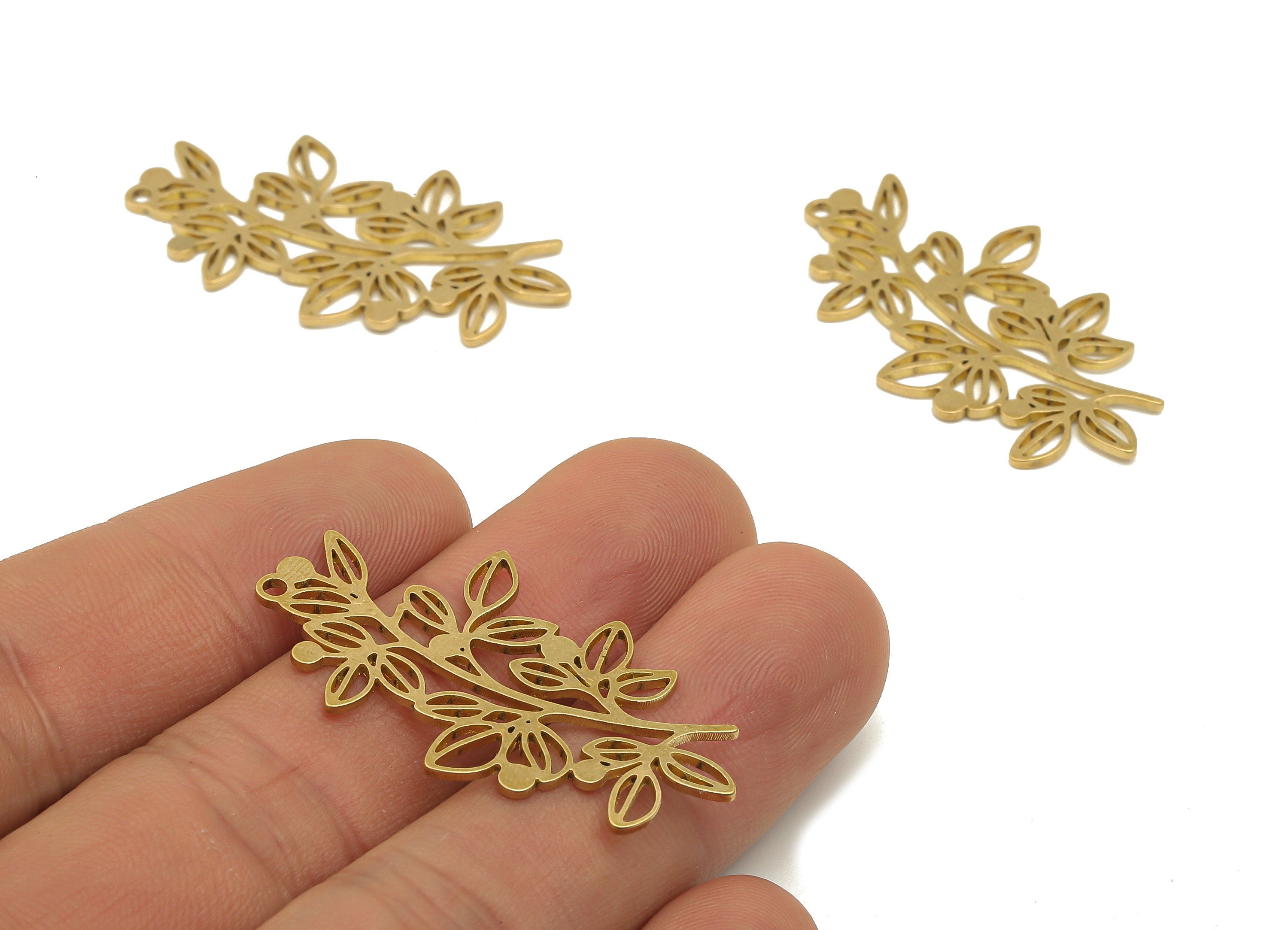 Raw Brass Branch Earrings Charms - Brass Filigree Flower Cutout Charms - Botanical Pendant - Jewelry Making - 39.38x21.8x0.9mm - PPA4160 - DOMEDBAZAAR