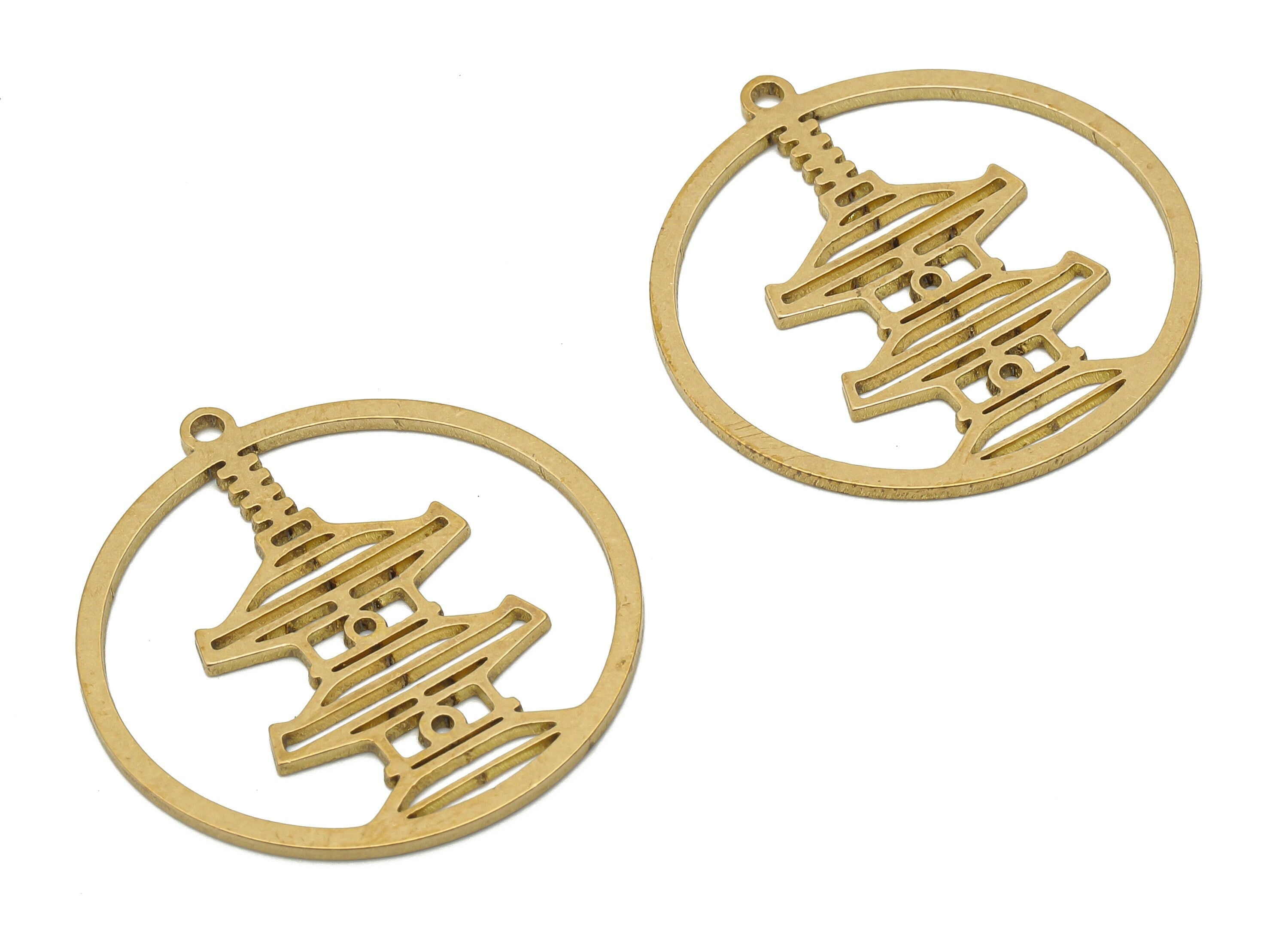 Brass Round Charm - Raw Brass Chinese Temple Cutout Earring Charm - Laser Cut Pendant - Jewelry Making Supplies - 29.8x27.51x0.84mm- PPA4463 - DOMEDBAZAAR