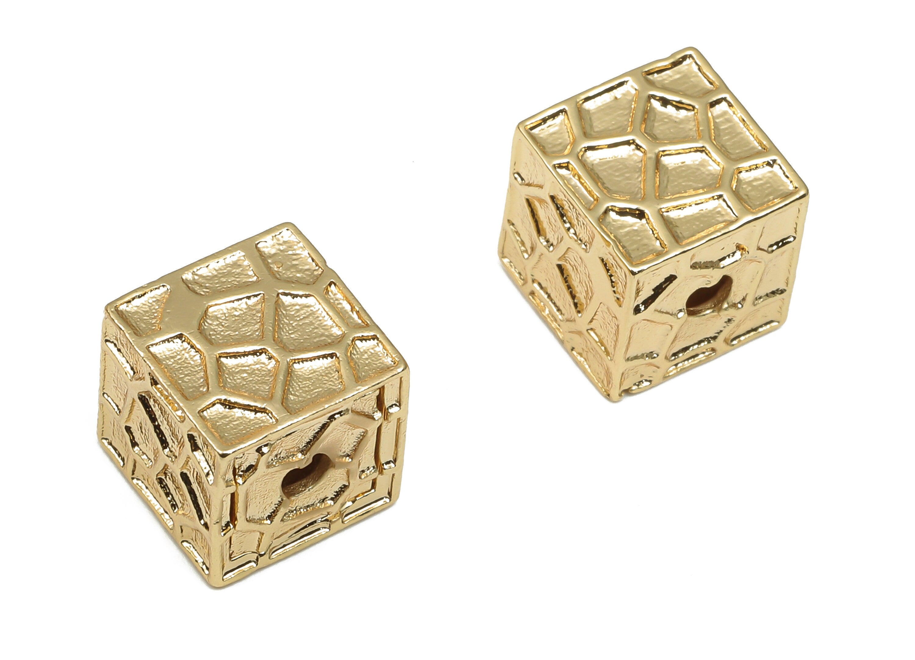 Brass Cube Earring Charms - Textured Cube Spacer Beads - 18K Real Gold Plated Brass Bracelet - 9.58x9.58x9.58mm - RGP4710 - DOMEDBAZAAR