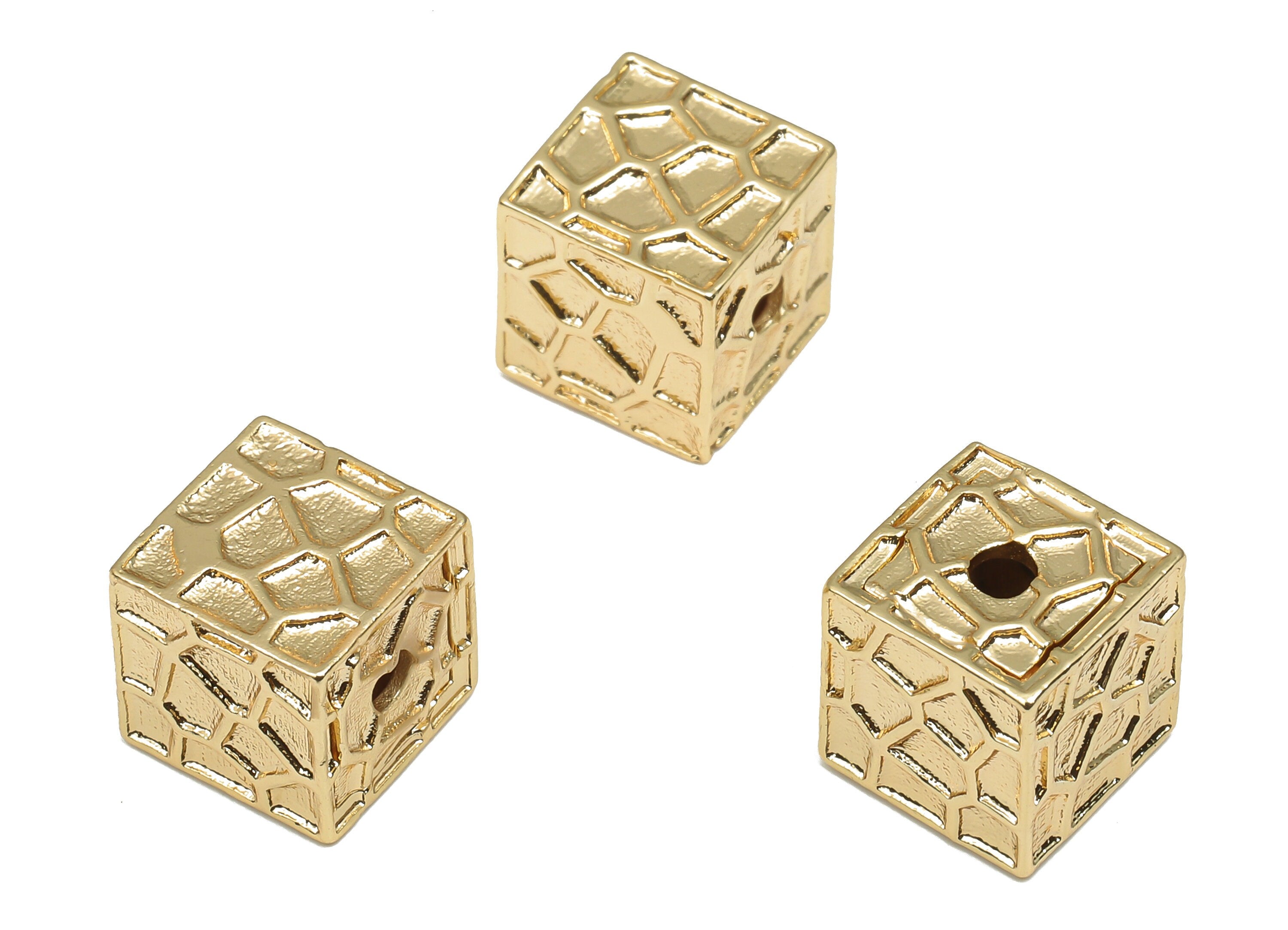 Brass Cube Earring Charms - Textured Cube Spacer Beads - 18K Real Gold Plated Brass Bracelet - 9.58x9.58x9.58mm - RGP4710 - DOMEDBAZAAR