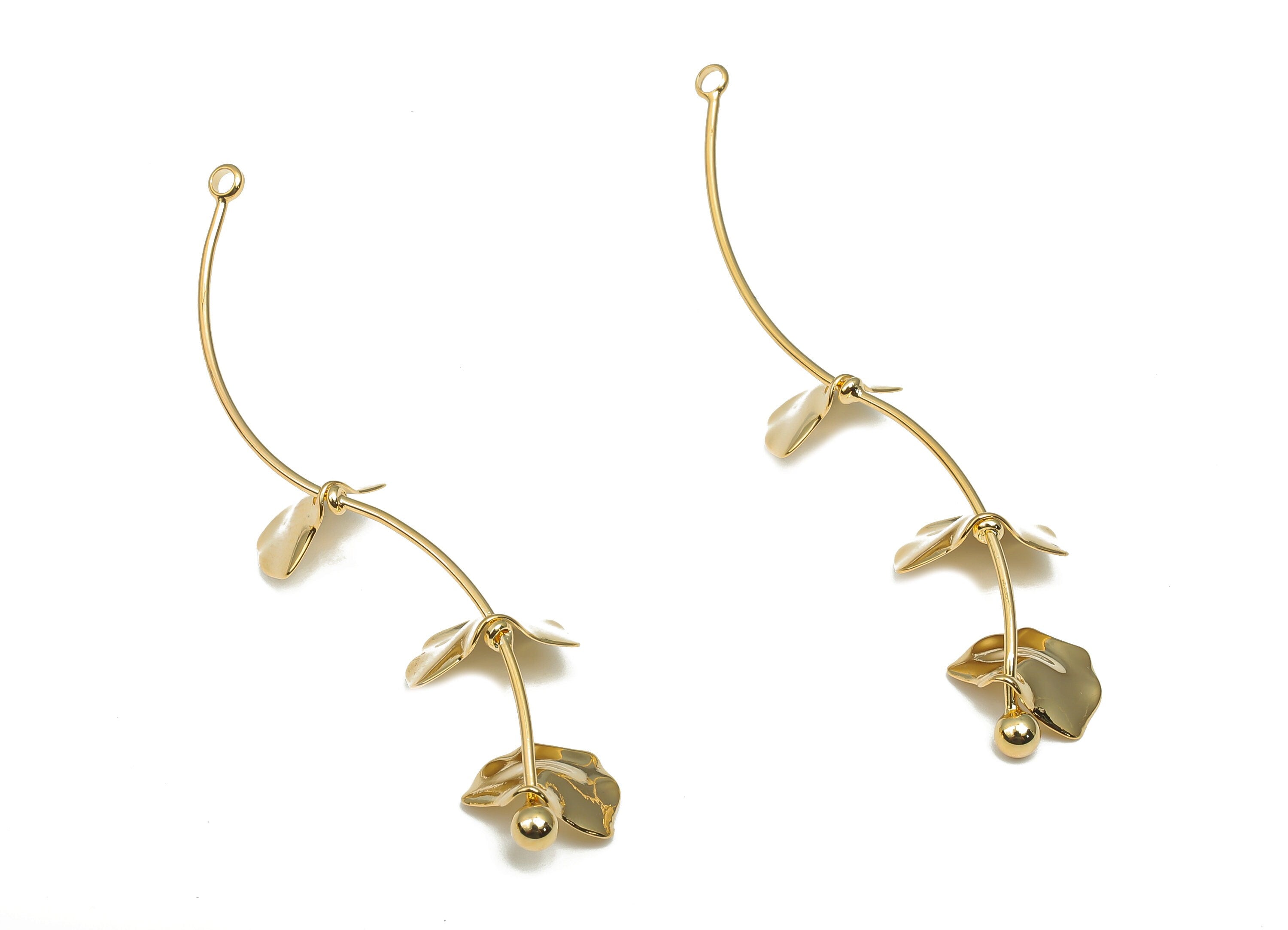 Brass Flower Earrings Charm - Gold plated Branch Wired leaf - Ear Wire - 18K Real Gold Tone Plated Brass - 54.74x9.68x0.8mm - RGP4716 - DOMEDBAZAAR