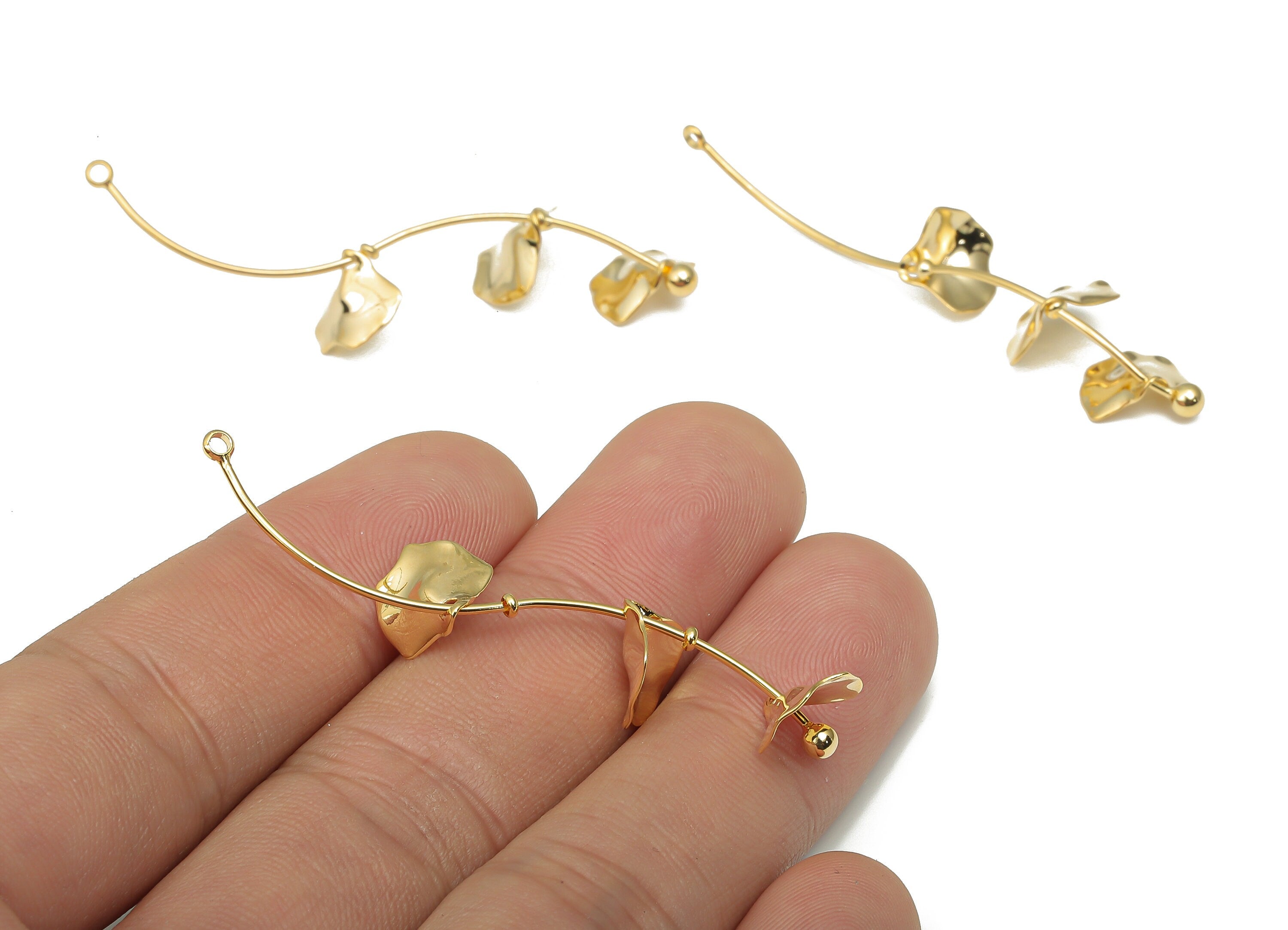 Brass Flower Earrings Charm - Gold plated Branch Wired leaf - Ear Wire - 18K Real Gold Tone Plated Brass - 54.74x9.68x0.8mm - RGP4716 - DOMEDBAZAAR
