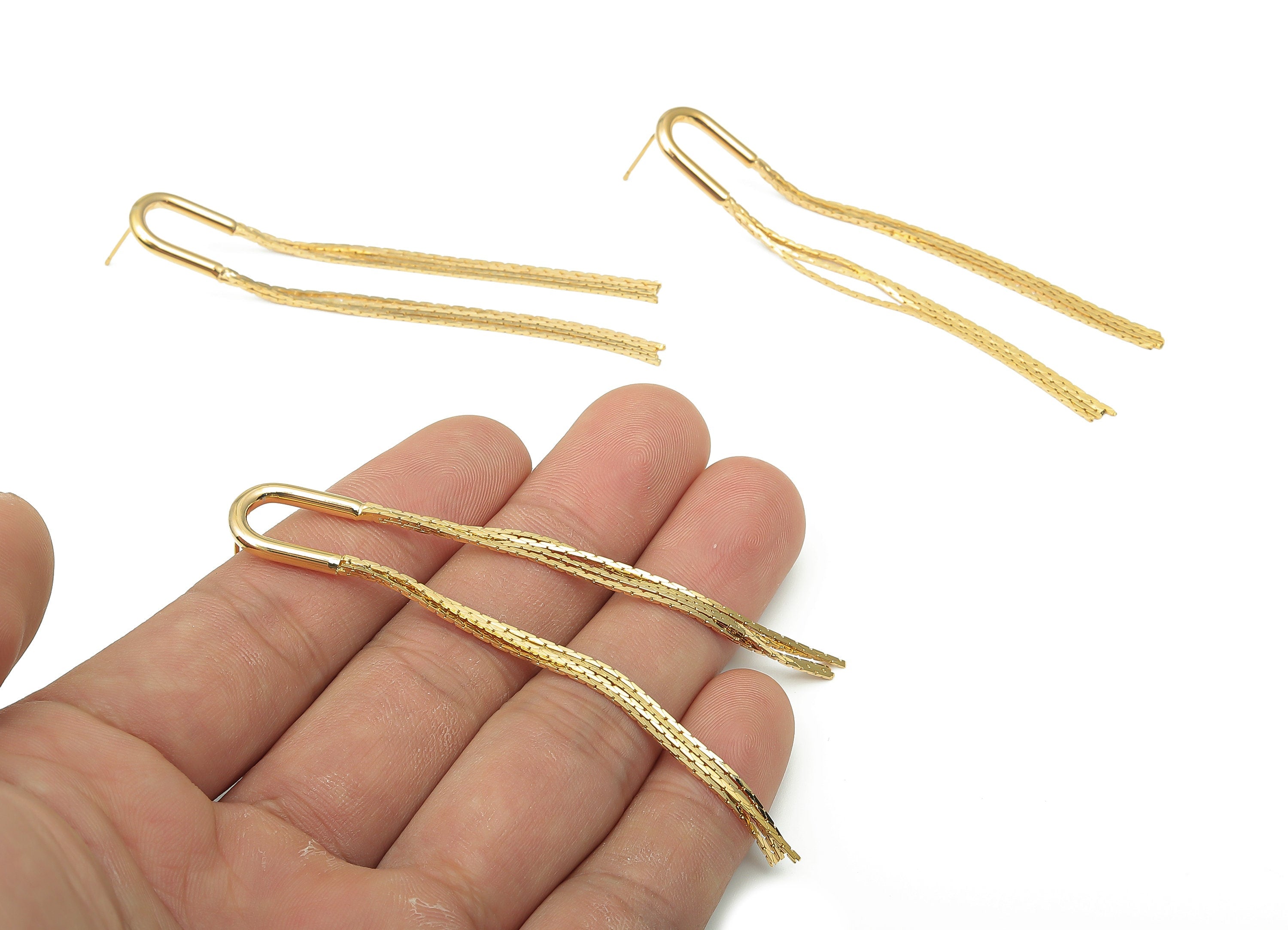 Gold Horseshoe Chain Tassel Stud Earring - U Ear Post - Brass Snake Chain Tassel - 18K Real Gold Plated Brass - 79.87x11.86x2.42mm - RGP4722 - DOMEDBAZAAR
