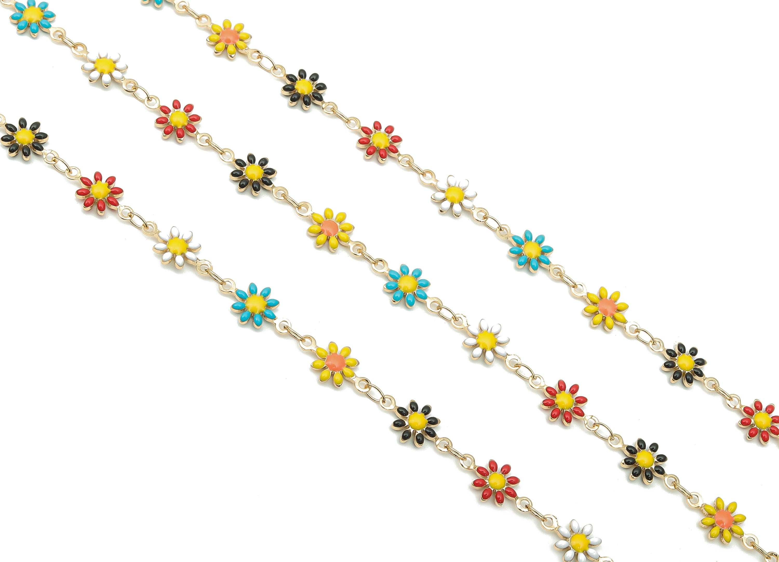 Brass Daisy Chain - Enamel Flower Chains - Floral Links Chain Findings - 18K Real Gold Plated Brass - For Bracelet - 13x7.4x2.08mm - RGP4733 - DOMEDBAZAAR