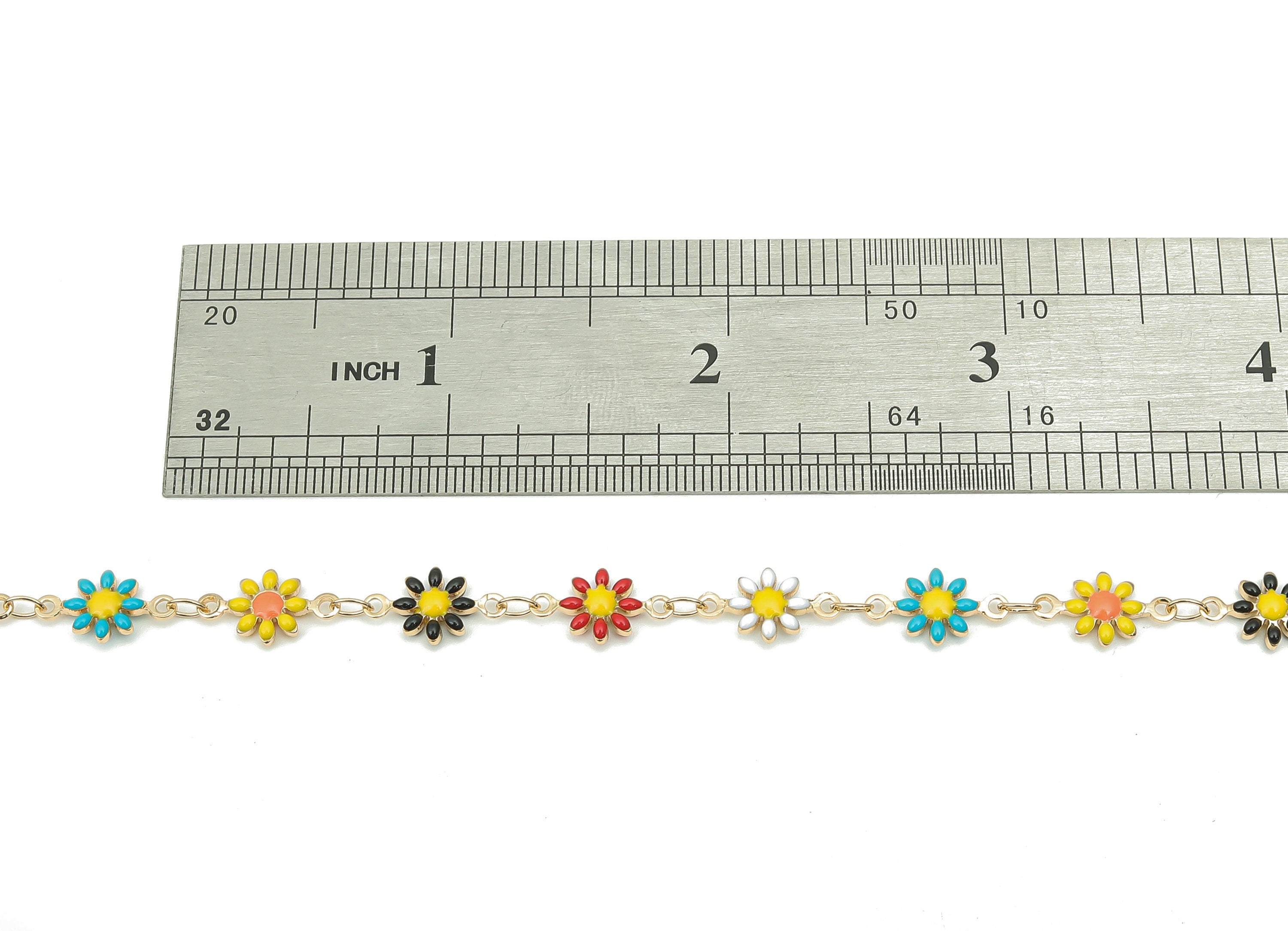Brass Daisy Chain - Enamel Flower Chains - Floral Links Chain Findings - 18K Real Gold Plated Brass - For Bracelet - 13x7.4x2.08mm - RGP4733 - DOMEDBAZAAR