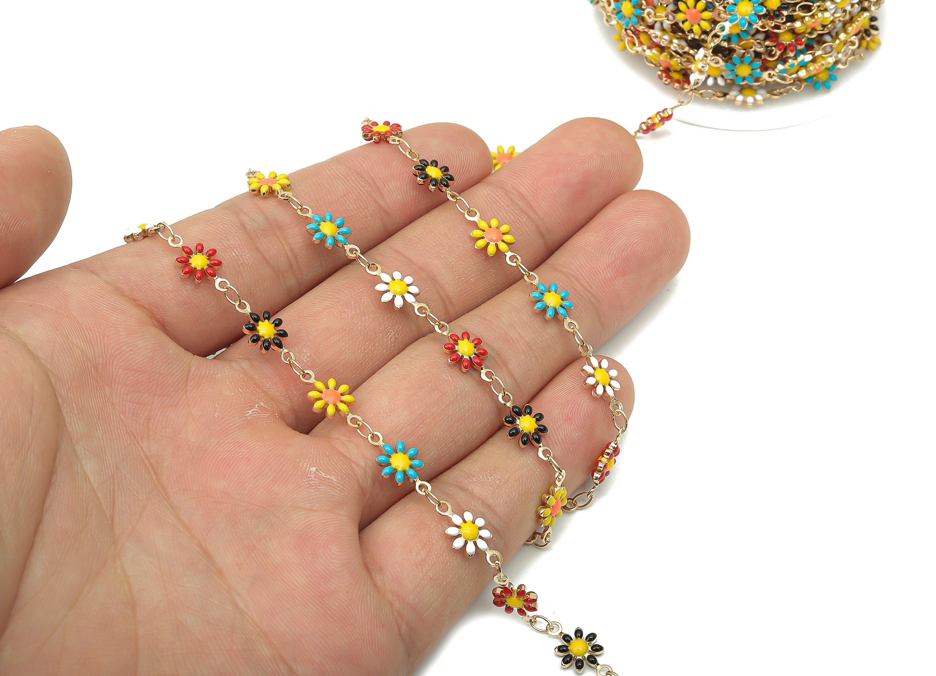 Brass Daisy Chain - Enamel Flower Chains - Floral Links Chain Findings - 18K Real Gold Plated Brass - For Bracelet - 13x7.4x2.08mm - RGP4733 - DOMEDBAZAAR