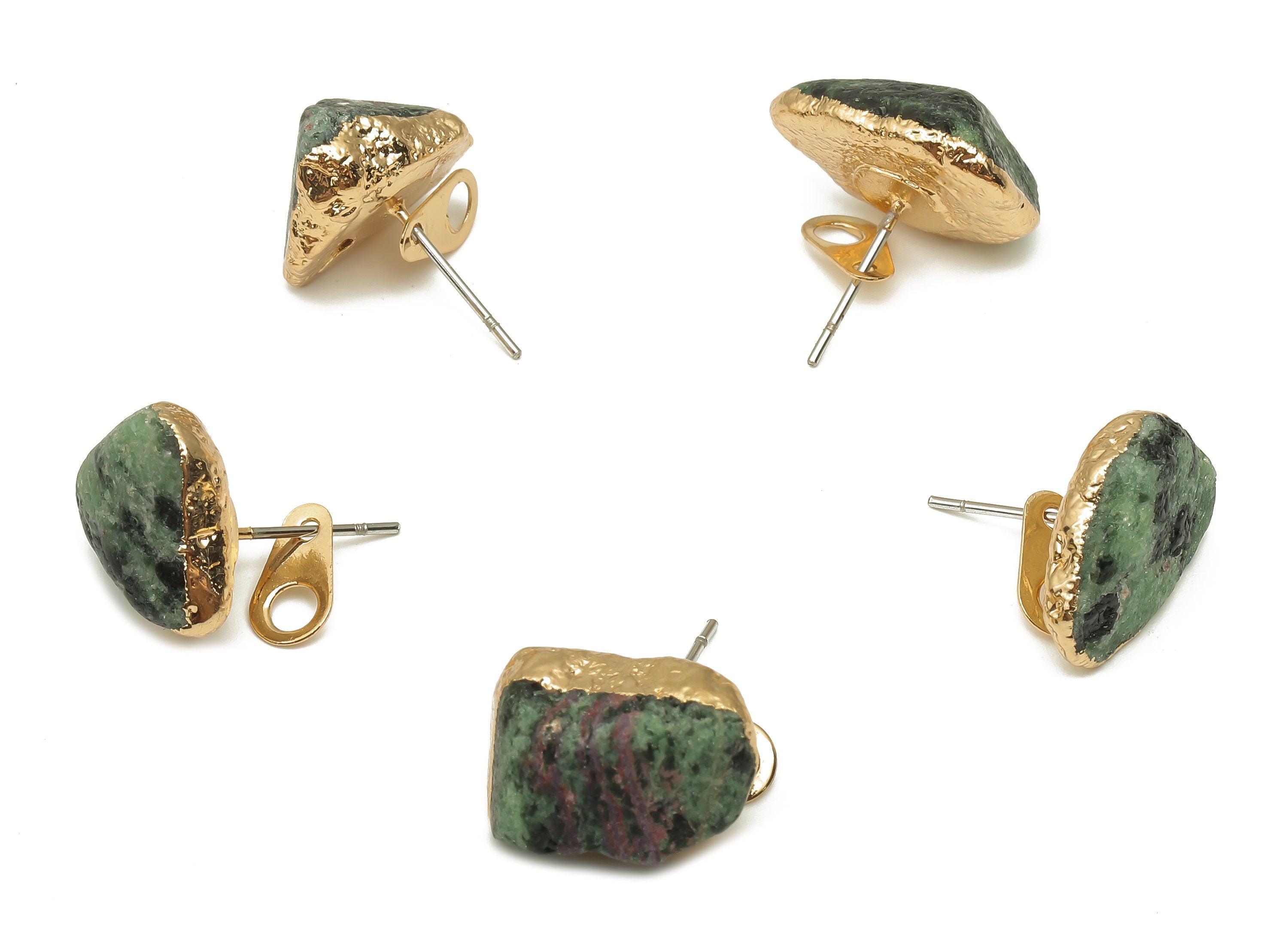 Green Fluorite Stud with Loop - Natural Stone Earring - Gold Plated Stone Post - 316 Surgical Stainless Steel - 13.34x11.6x9.52mm - NS1762AA - DOMEDBAZAAR