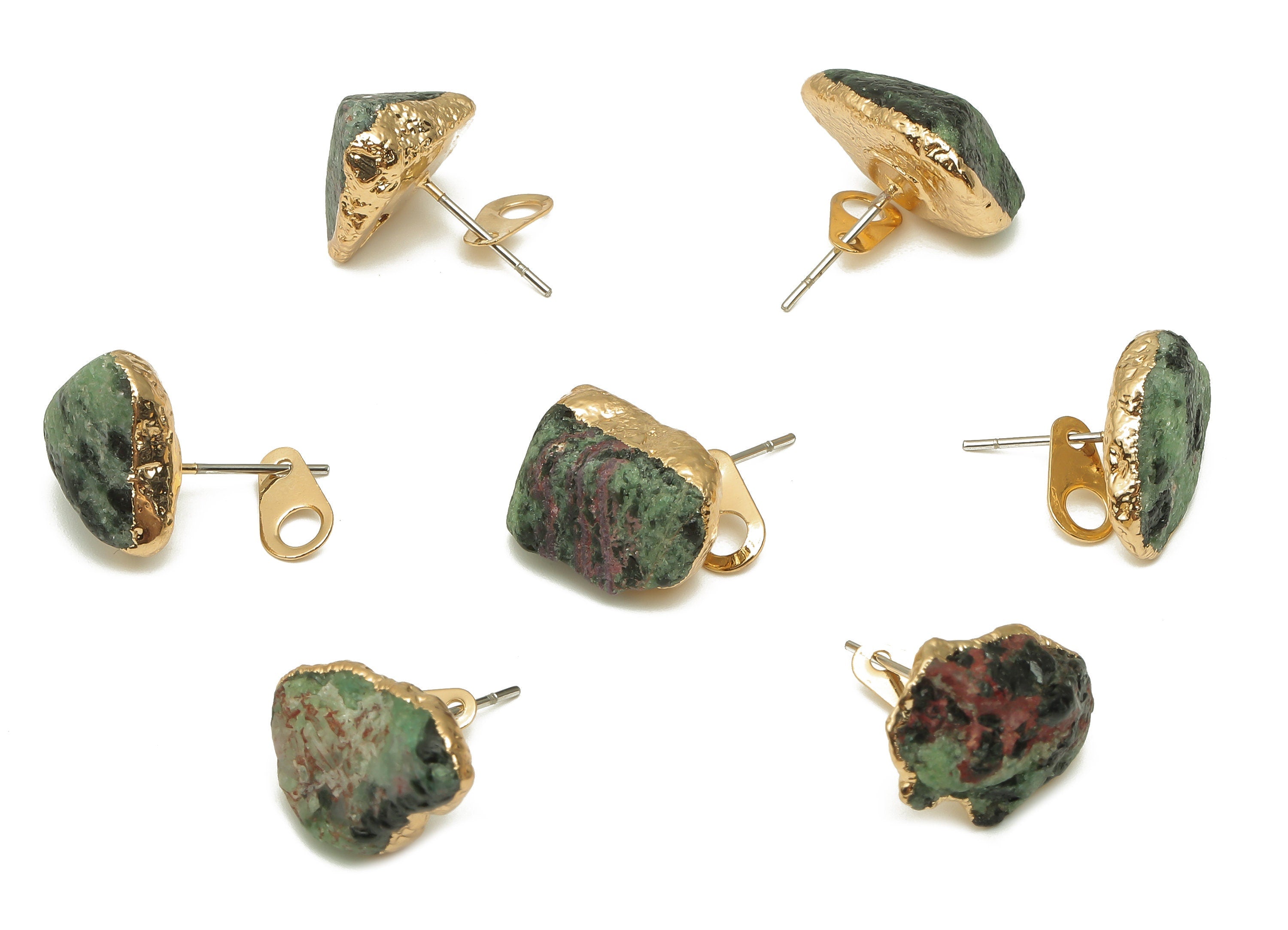 Green Fluorite Stud with Loop - Natural Stone Earring - Gold Plated Stone Post - 316 Surgical Stainless Steel - 13.34x11.6x9.52mm - NS1762AA - DOMEDBAZAAR