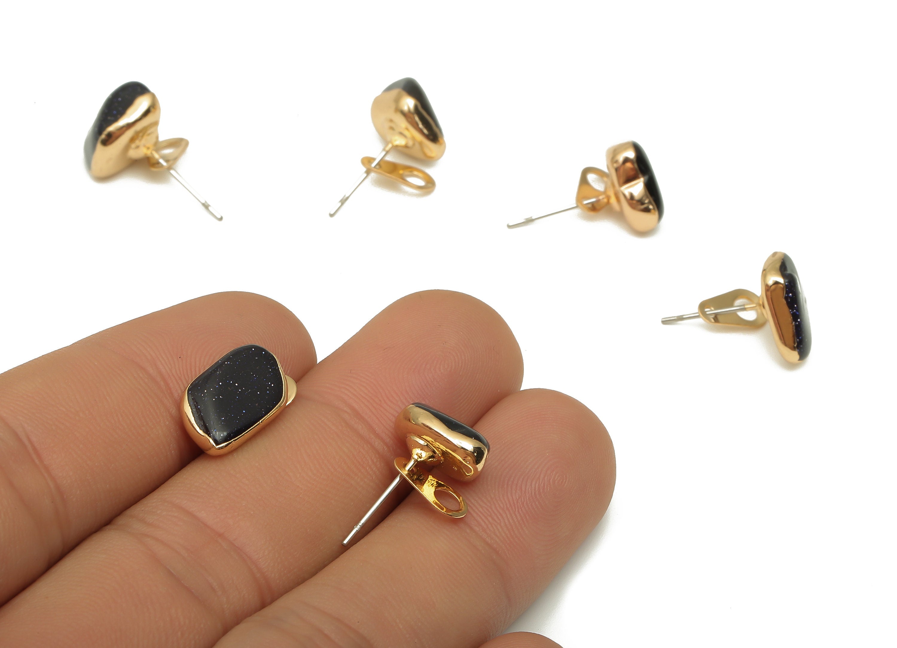 Blue Sandstone Stud Earring - Natural Stone Earring With Loop - Gold Plated Stone Post - 316 Surgical Stainless Steel-11.3x10x6.8mm-NS1762AC - DOMEDBAZAAR