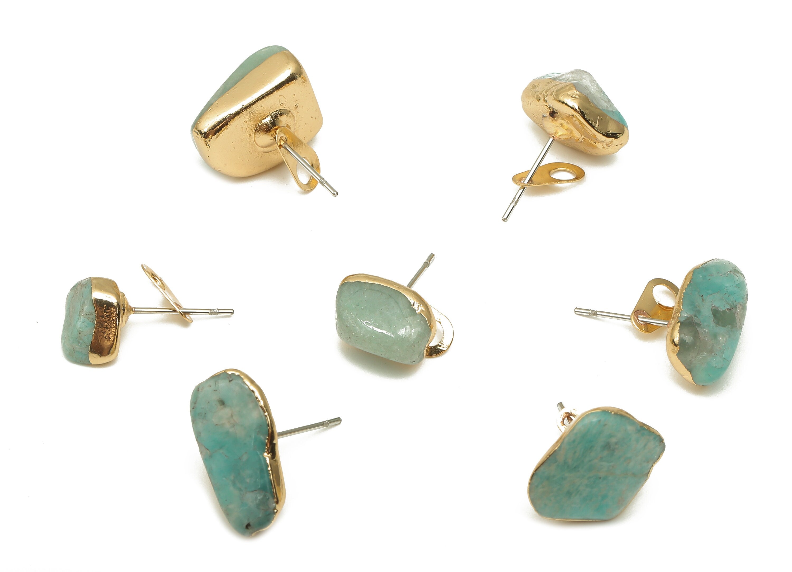 Crystal Chips Stud Earrings - Amazonite Earring With Loop - Gold Plating Natural Stone - 316 Surgical Stainless Steel-11.9x7.9x8.5mm-NS1762X - DOMEDBAZAAR