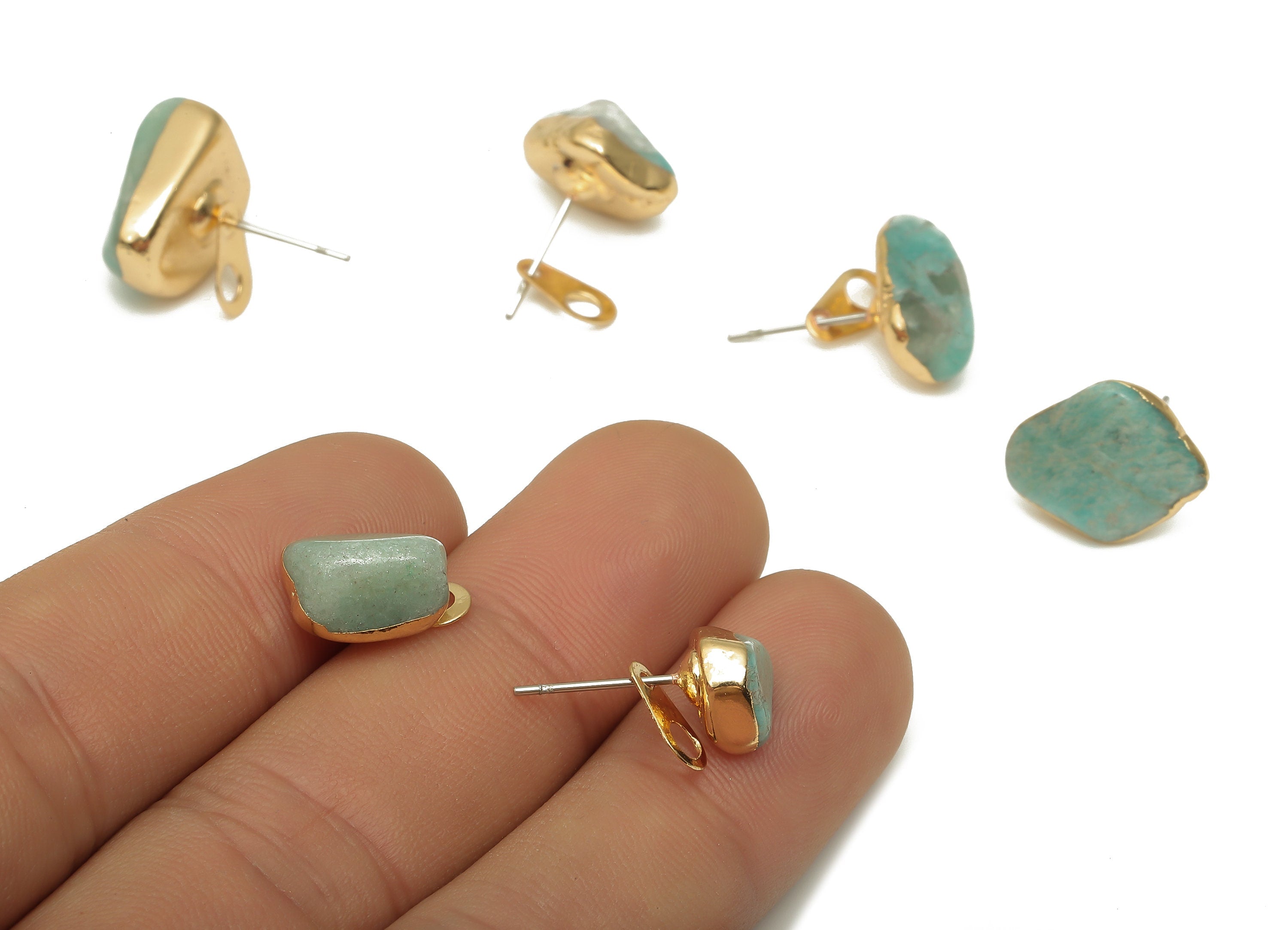 Crystal Chips Stud Earrings - Amazonite Earring With Loop - Gold Plating Natural Stone - 316 Surgical Stainless Steel-11.9x7.9x8.5mm-NS1762X - DOMEDBAZAAR