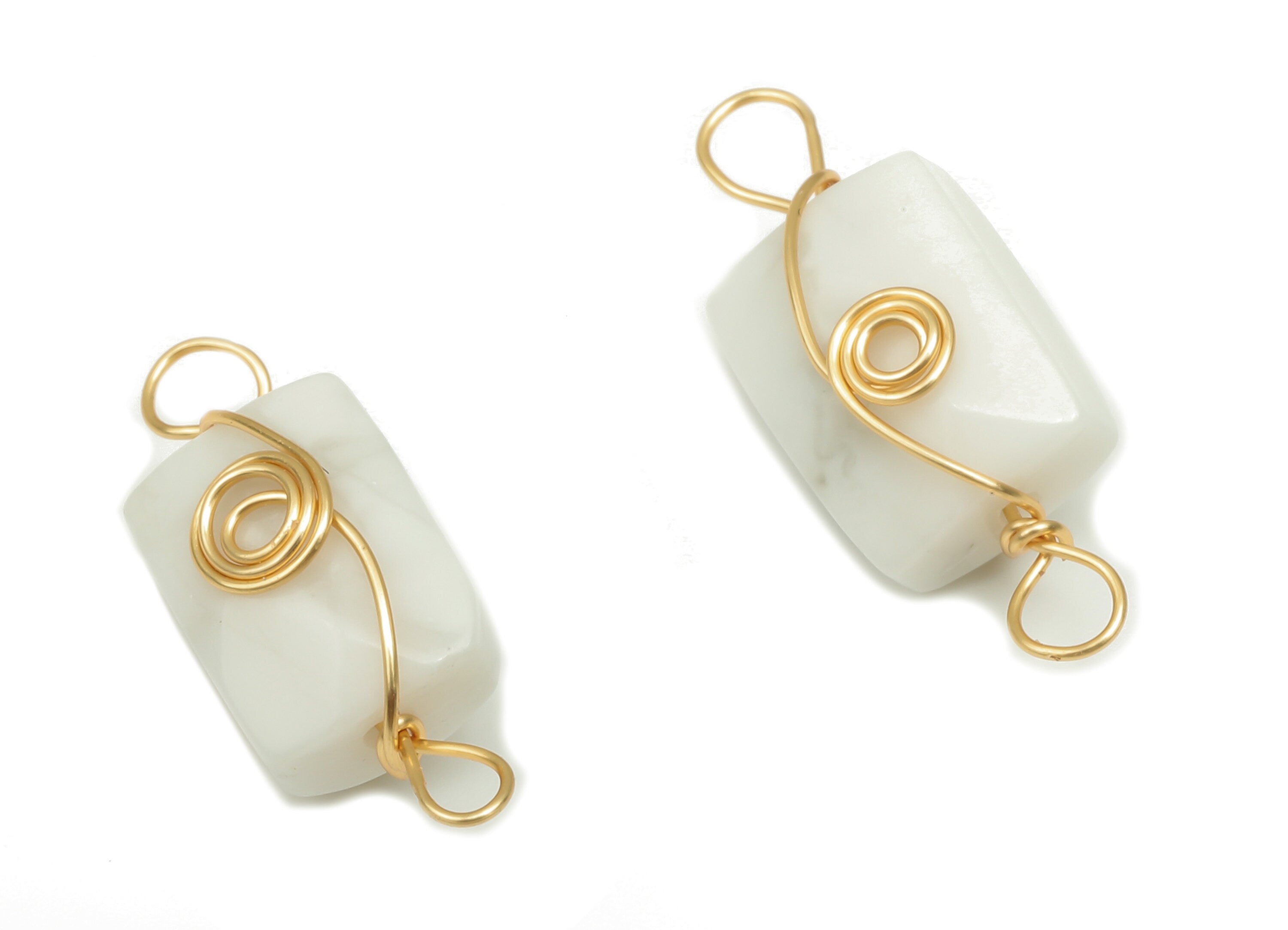 Howlite Earring Connector - Brass Wire Wrapped Rectangle Pendant - Faceted Natural Stone - Gold Tone Plating - 19.85x7.44x7.01mm - NS1863A - DOMEDBAZAAR