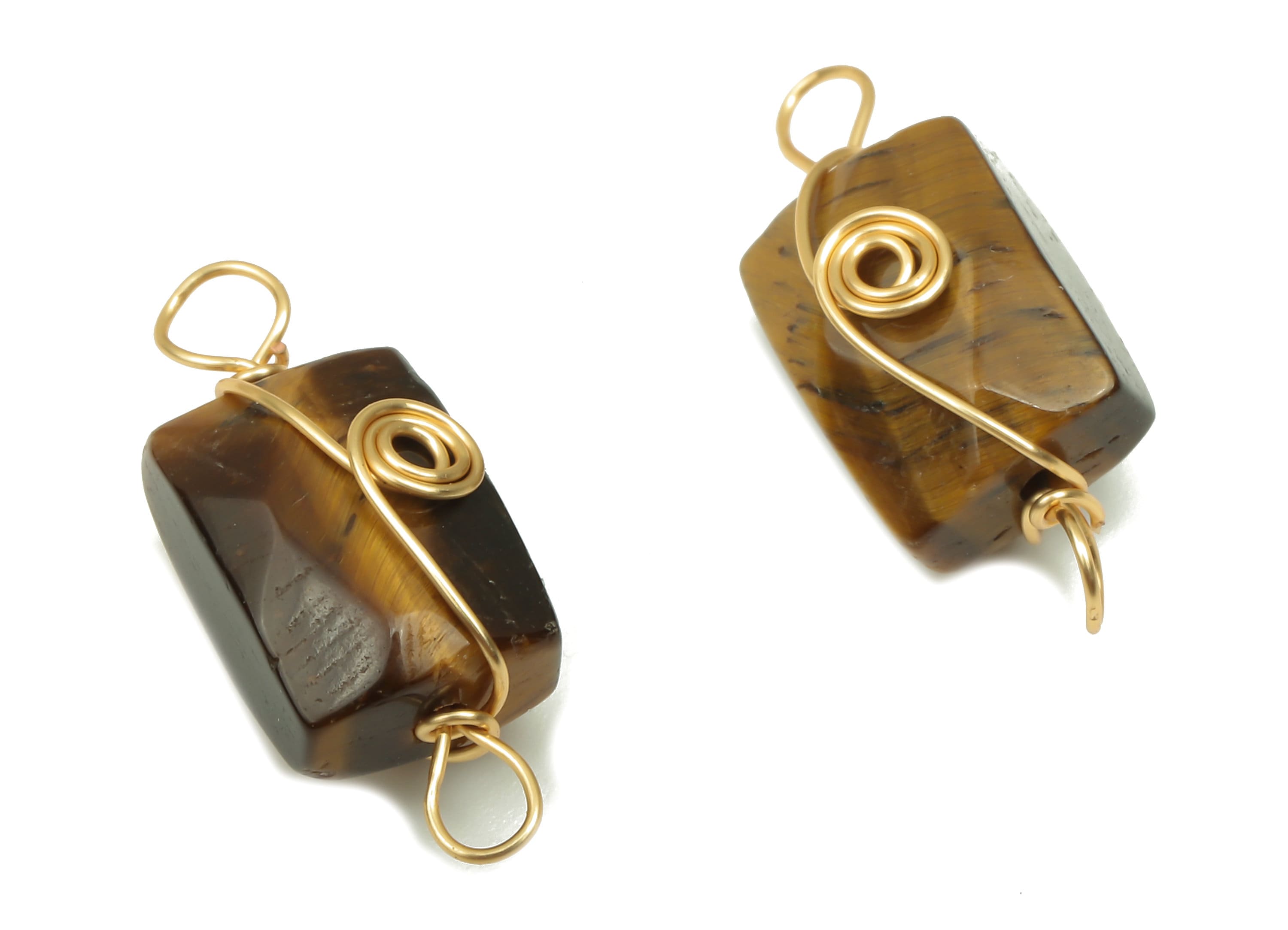 Tiger Eye Earring Connector - Brass Wire Wrapped Rectangle Pendant -  Faceted Natural Stone - Gold Tone Plating - 19.85x7.4x7.01mm - NS1863B - DOMEDBAZAAR