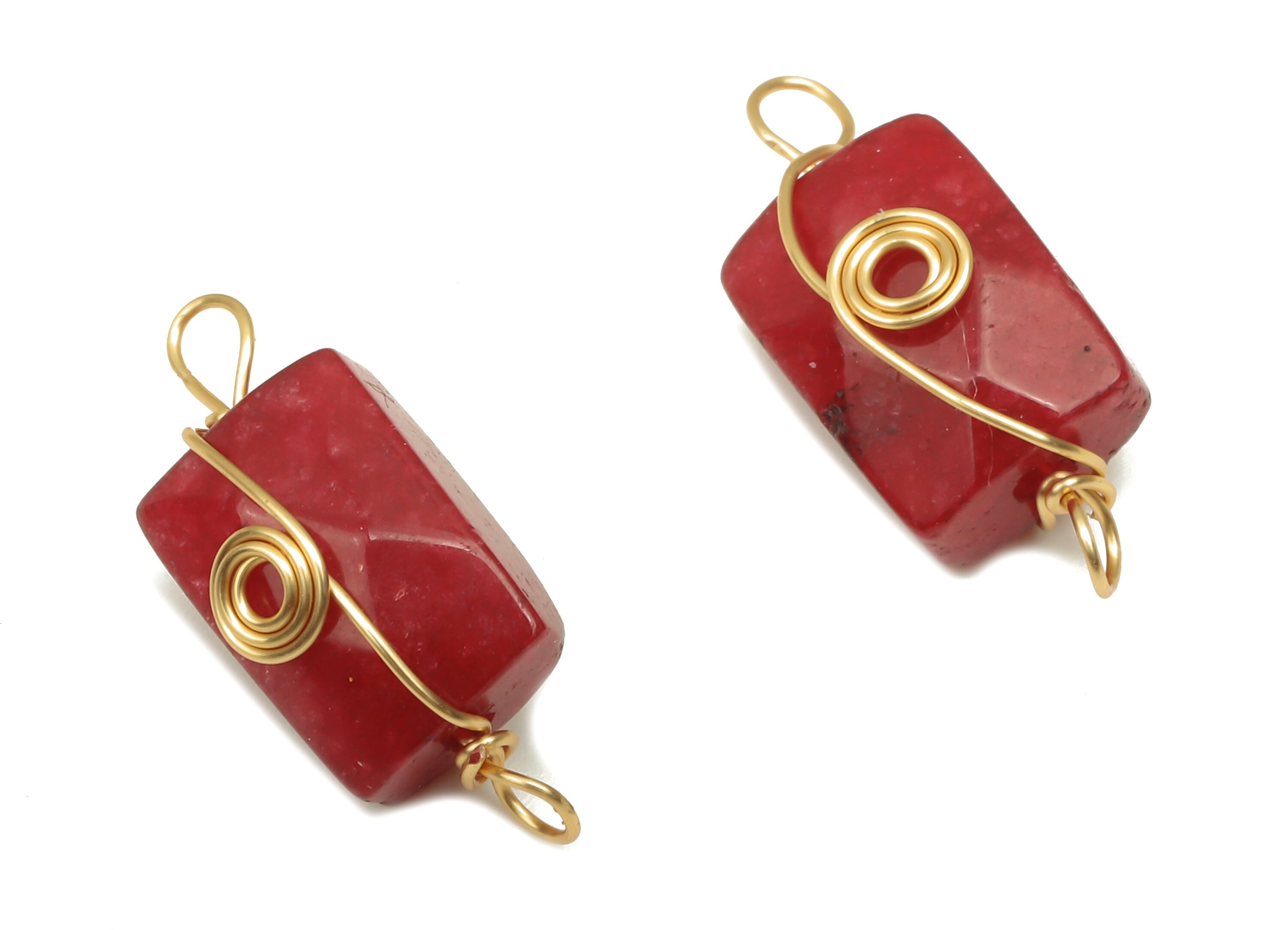 Pink Jade Earring Connector - Brass Wire Wrapped Rectangle Pendant - Faceted Natural Stone - Gold Tone Plating - 19.85x7.44x7.01mm - NS1863C - DOMEDBAZAAR