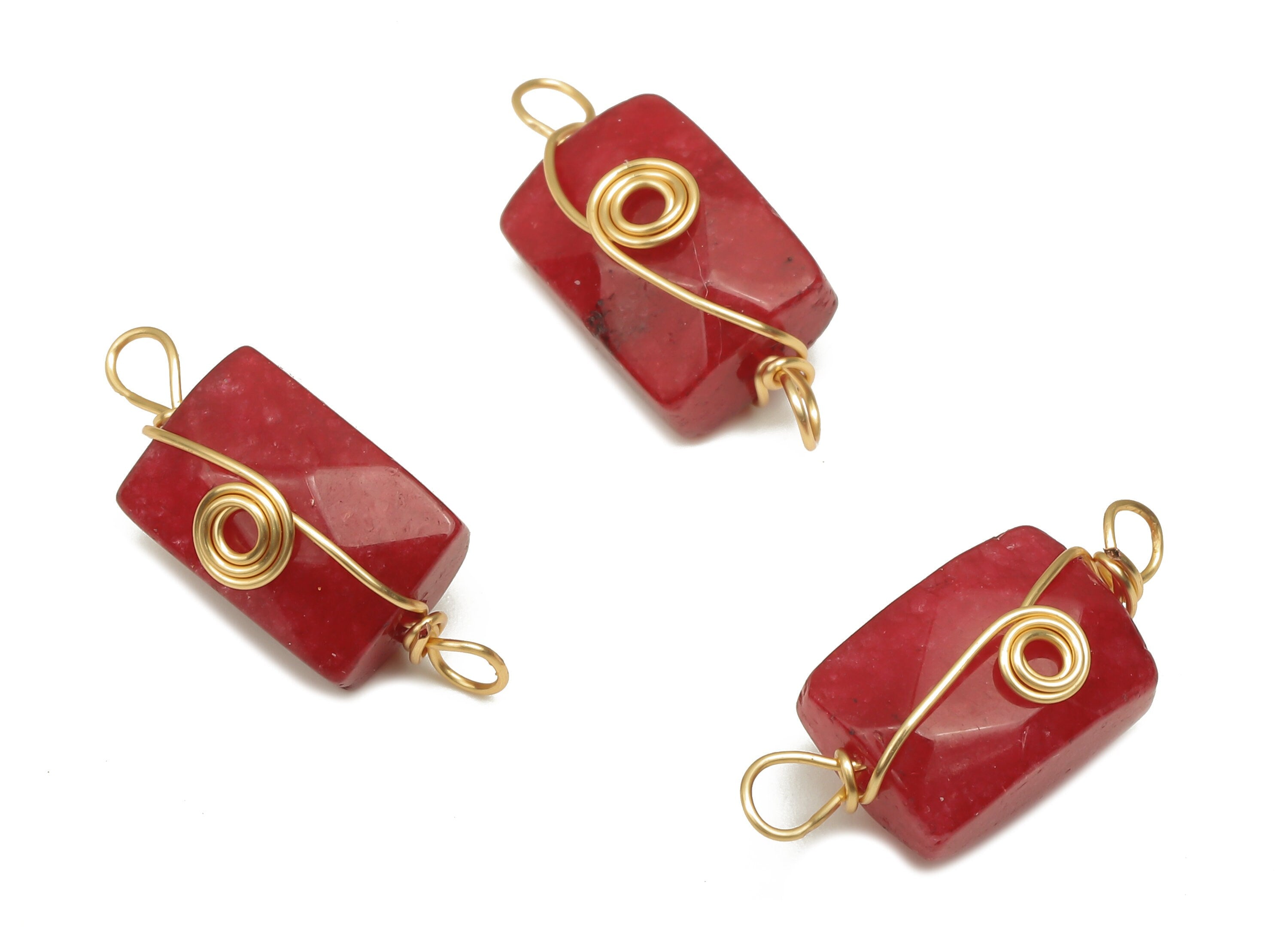 Pink Jade Earring Connector - Brass Wire Wrapped Rectangle Pendant - Faceted Natural Stone - Gold Tone Plating - 19.85x7.44x7.01mm - NS1863C - DOMEDBAZAAR