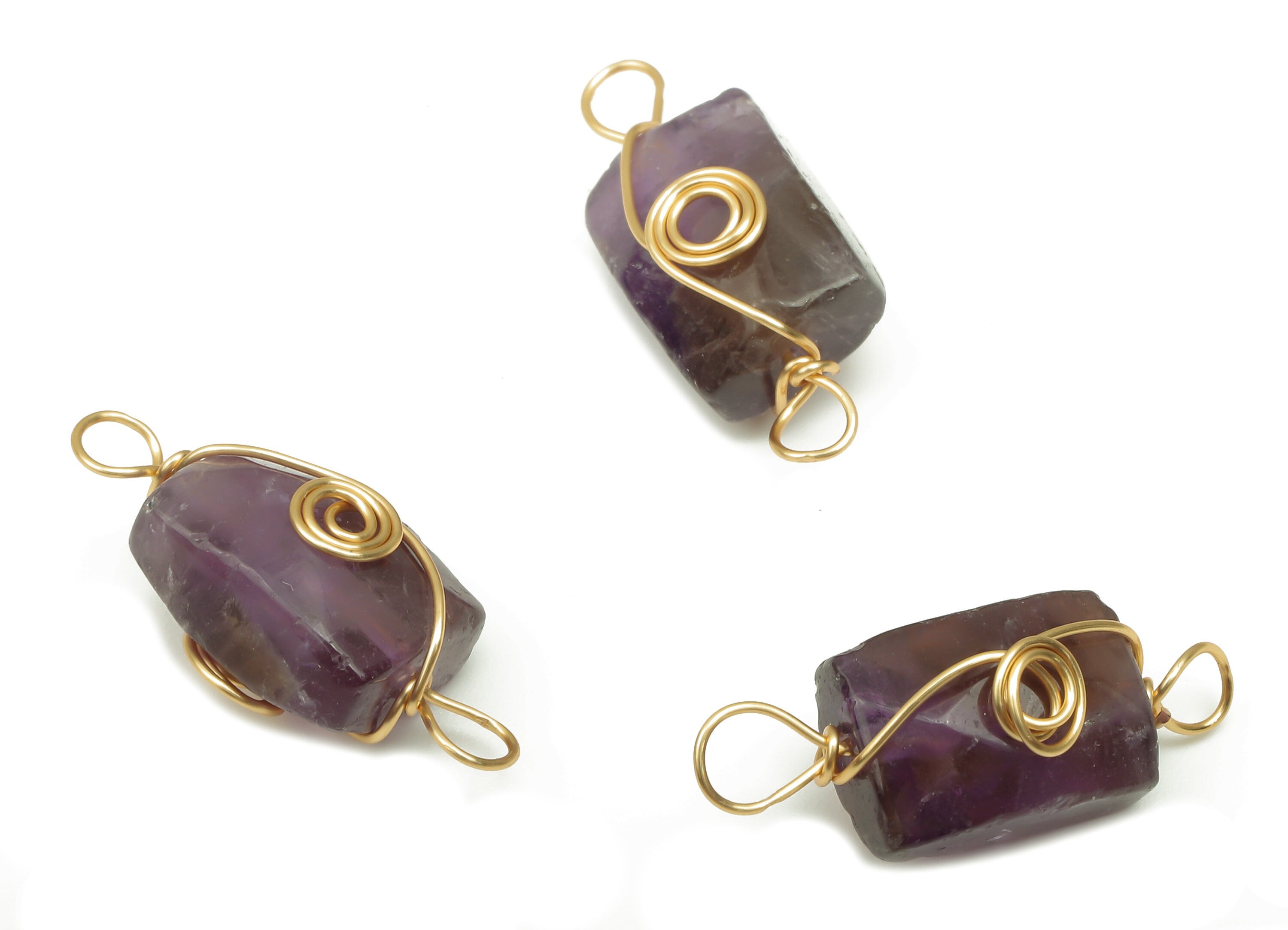 Amethyst Earring Connector - Brass Wire Wrapped Rectangle Pendant - Faceted Natural Stone - Gold Tone Plating - 19.85x7.44x7.01mm - NS1863F - DOMEDBAZAAR
