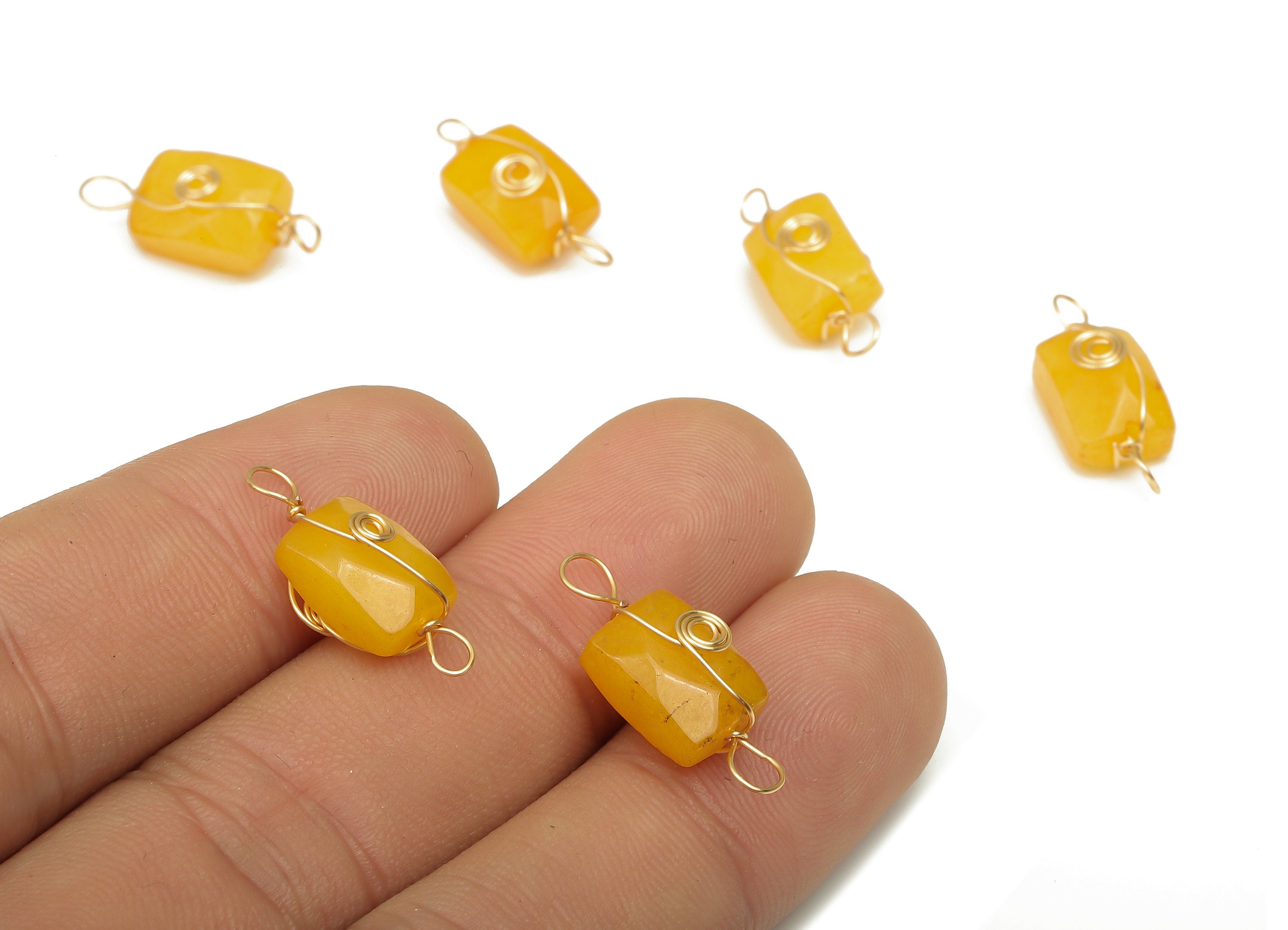 Yellow Jade Earring Connector - Brass Wire Wrapped Rectangle Charm - Faceted Natural Stone - Gold Tone Plating - 19.85x7.44x7.01mm - NS1863J - DOMEDBAZAAR
