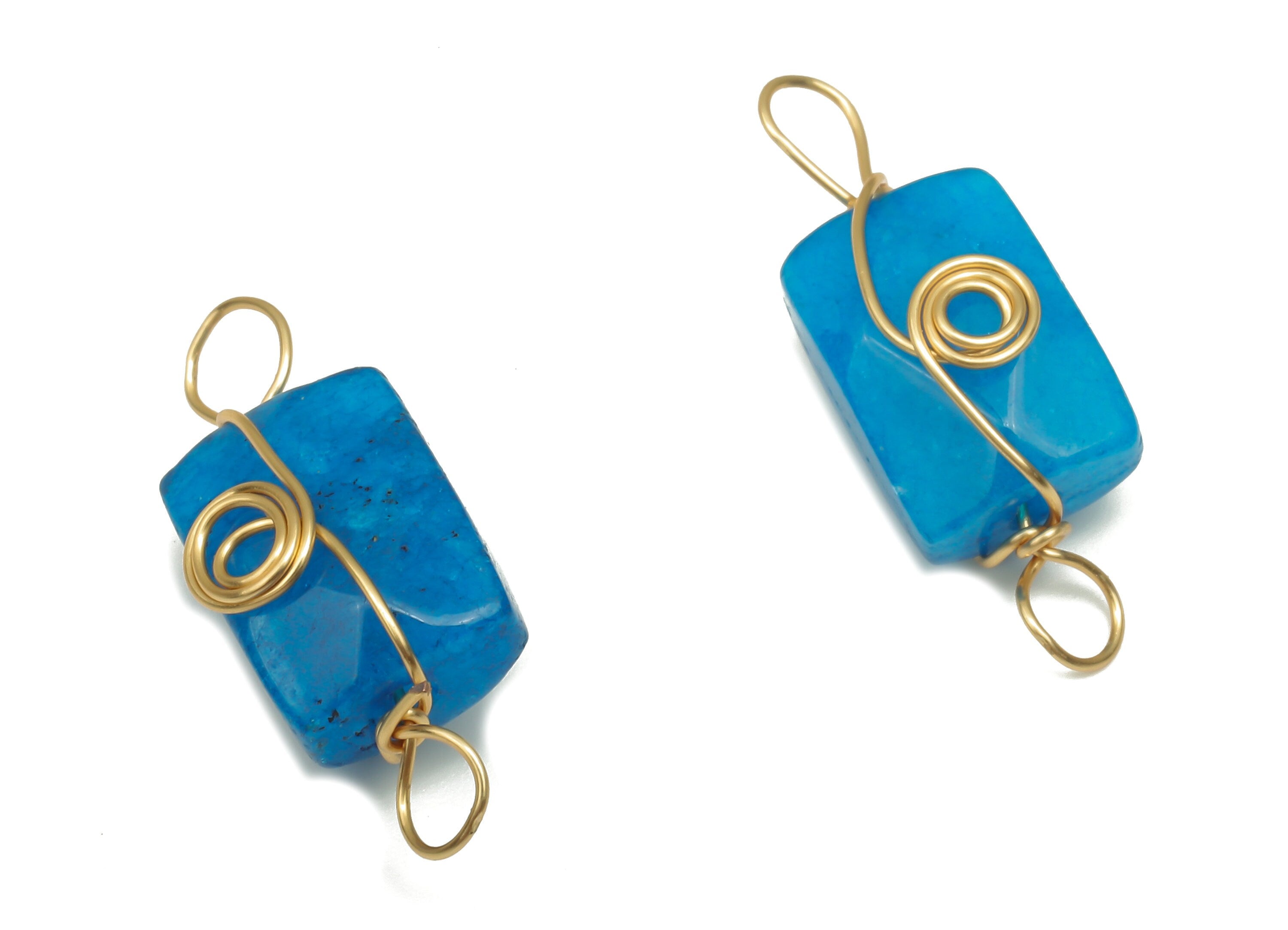 Blue Jade Earring Connector - Brass Wire Wrapped Rectangle Pendant - Faceted Natural Stone - Gold Tone Plating - 19.85x7.44x7.01mm - NS1863K - DOMEDBAZAAR