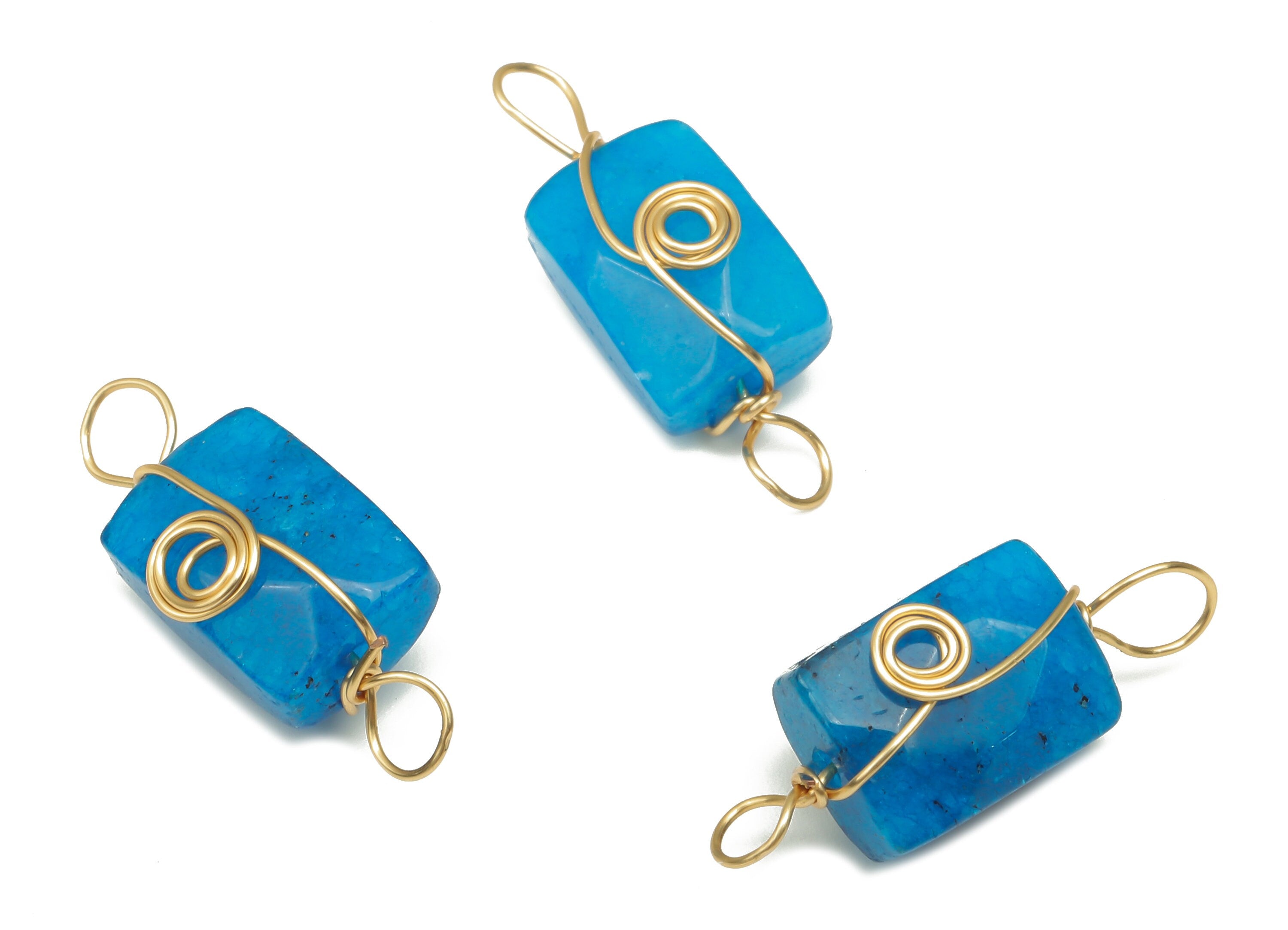 Blue Jade Earring Connector - Brass Wire Wrapped Rectangle Pendant - Faceted Natural Stone - Gold Tone Plating - 19.85x7.44x7.01mm - NS1863K - DOMEDBAZAAR