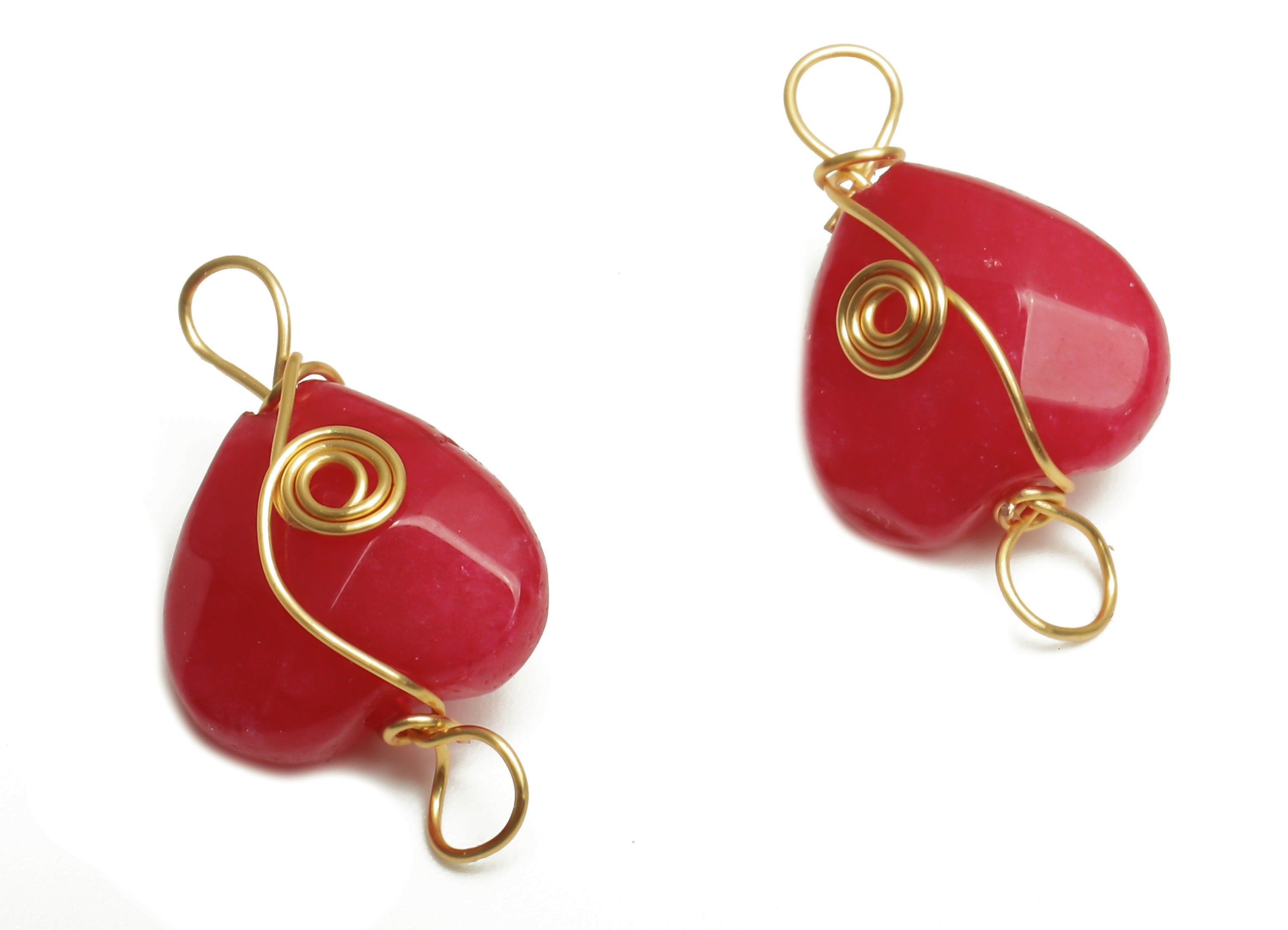 Pink Jade Heart Earring Connector - Brass Wire Wrapped Pendant - Faceted Natural Stone - Gold Tone Plating - 17.22x10.38x6.1mm - NS1864B - DOMEDBAZAAR