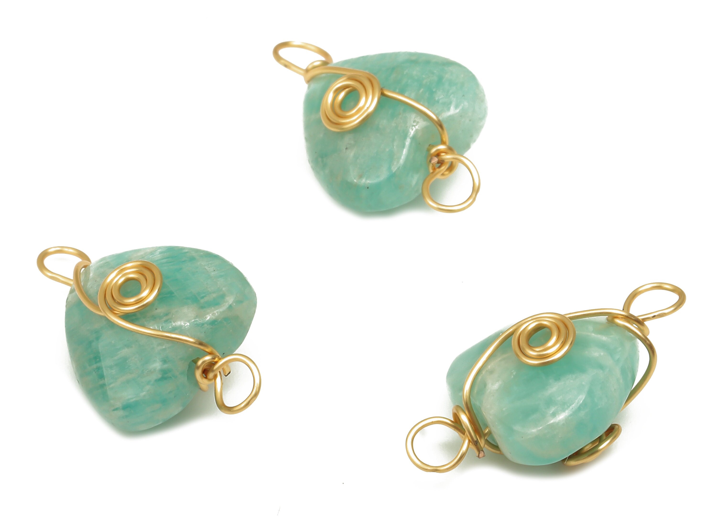 Aventurine Heart Earring Connectors - Brass Wire Wrapped Pendant - Faceted Natural Stone - Gold Tone Plating - 17.22x10.38x6.1mm - NS1864E - DOMEDBAZAAR