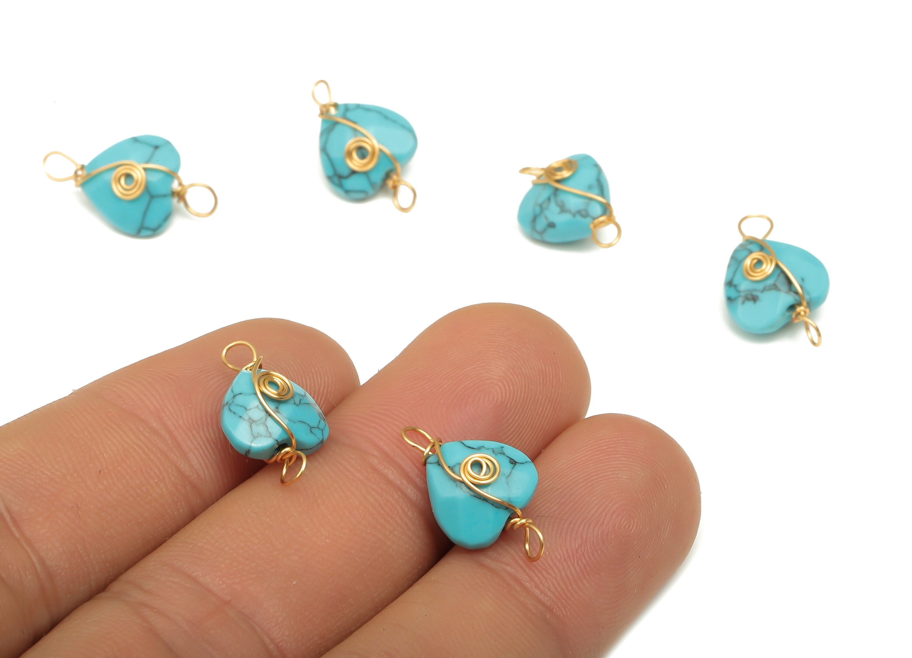 Turquoise Heart Earring Connectors - Brass Wire Wrapped Pendant - Faceted Natural Stone - Gold Tone Plating - 17.22x10.38x6.1mm - NS1864F - DOMEDBAZAAR